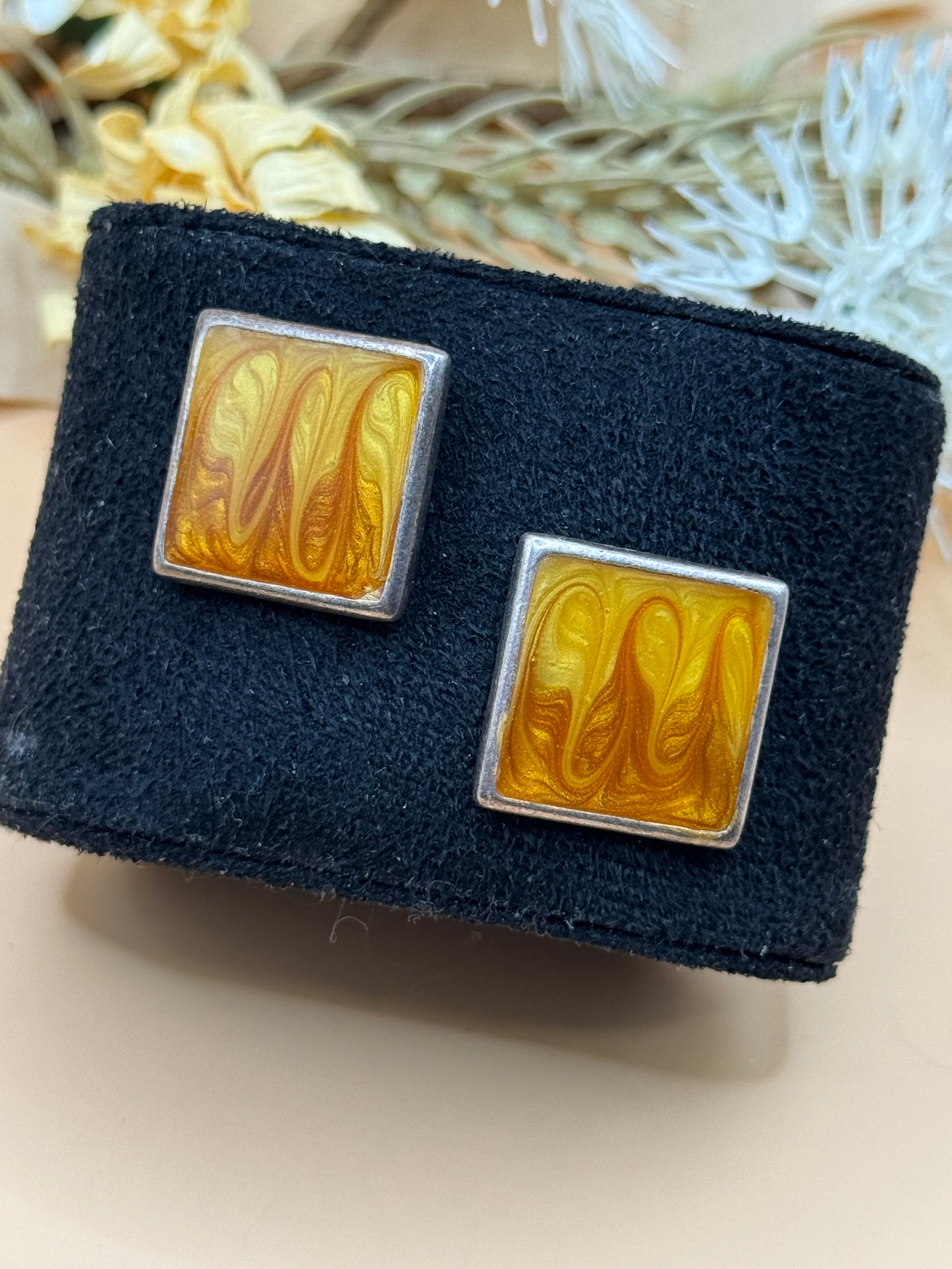 Vintage KC Amber Yellow Swirl Enamel Silver Tone Square Stud Earrings