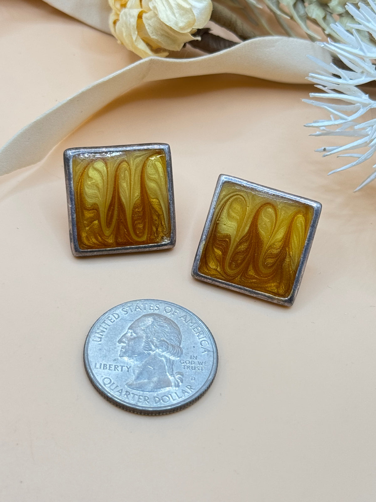 Vintage KC Amber Yellow Swirl Enamel Silver Tone Square Stud Earrings