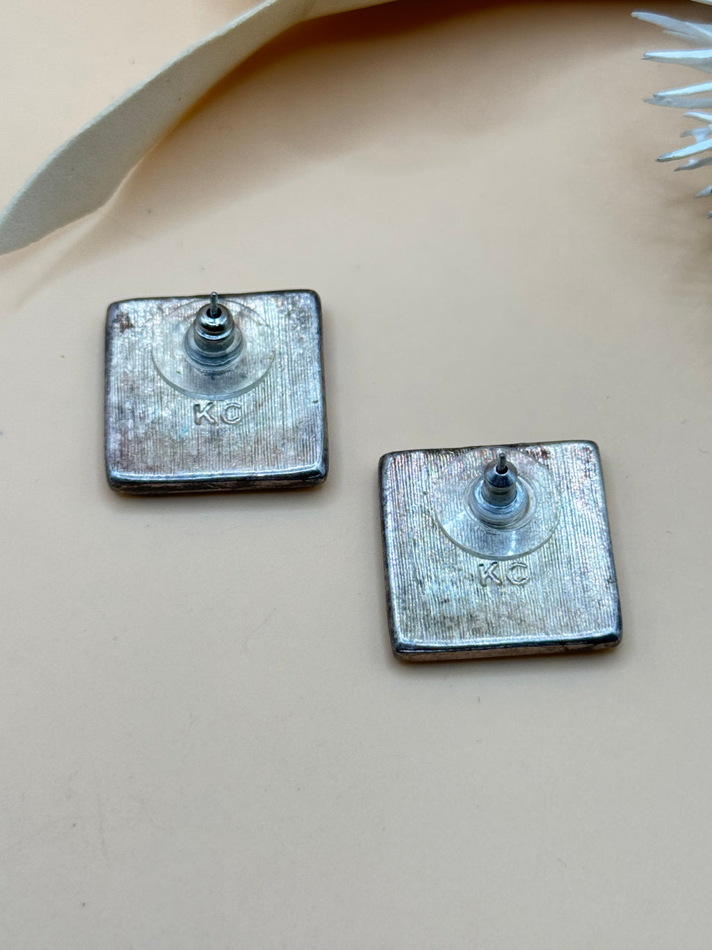 Vintage KC Amber Yellow Swirl Enamel Silver Tone Square Stud Earrings