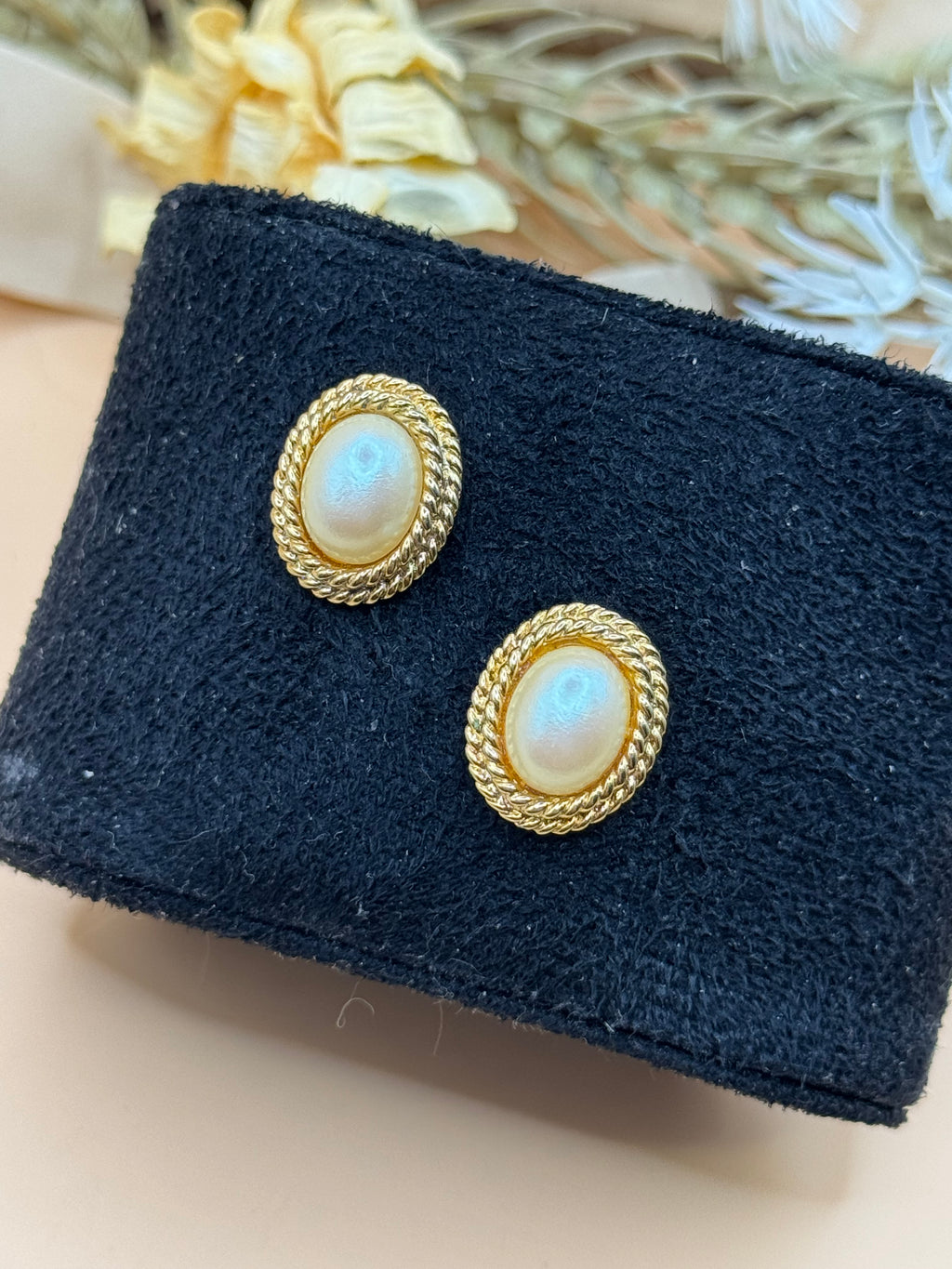 Vintage Richelieu Faux Pearl Gold Tone Oval Stud Earrings