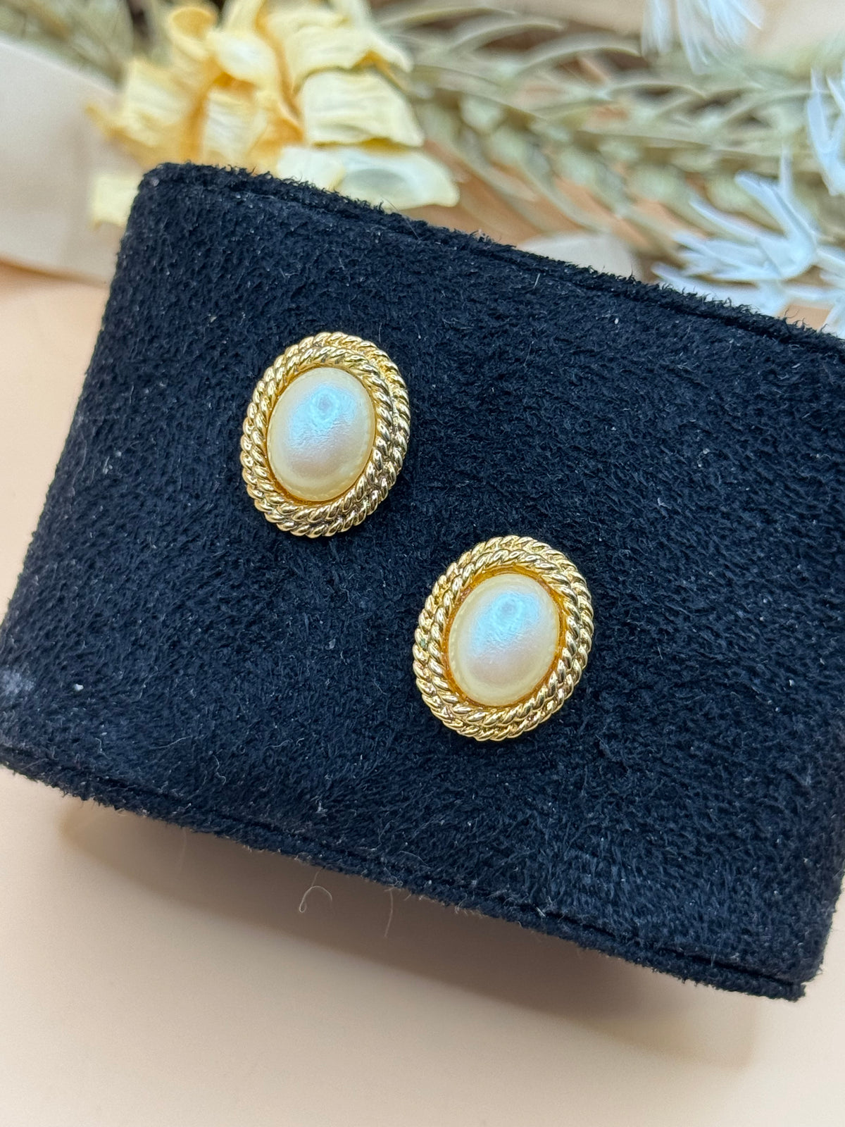 Vintage Richelieu Faux Pearl Gold Tone Oval Stud Earrings