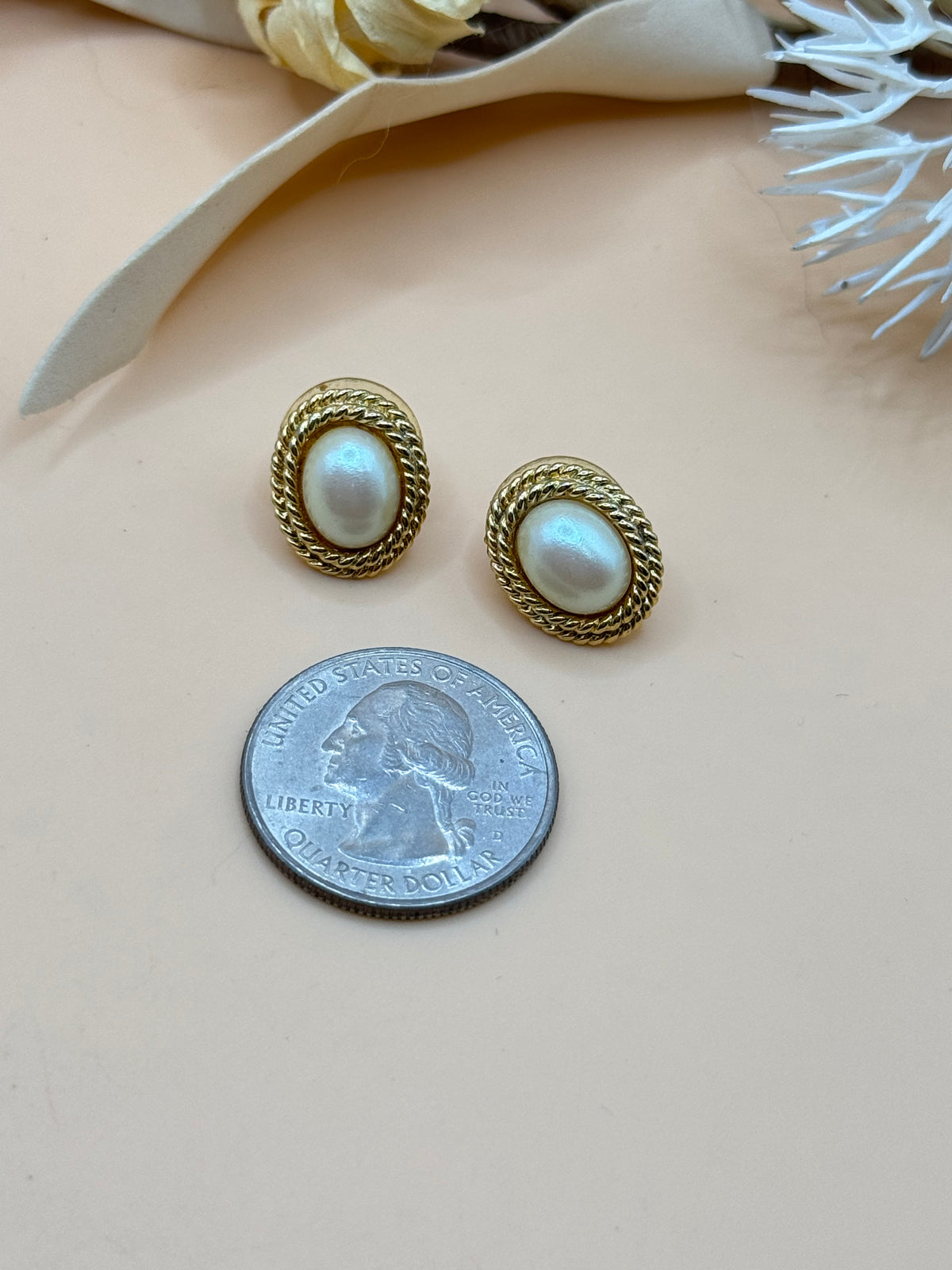 Vintage Richelieu Faux Pearl Gold Tone Oval Stud Earrings