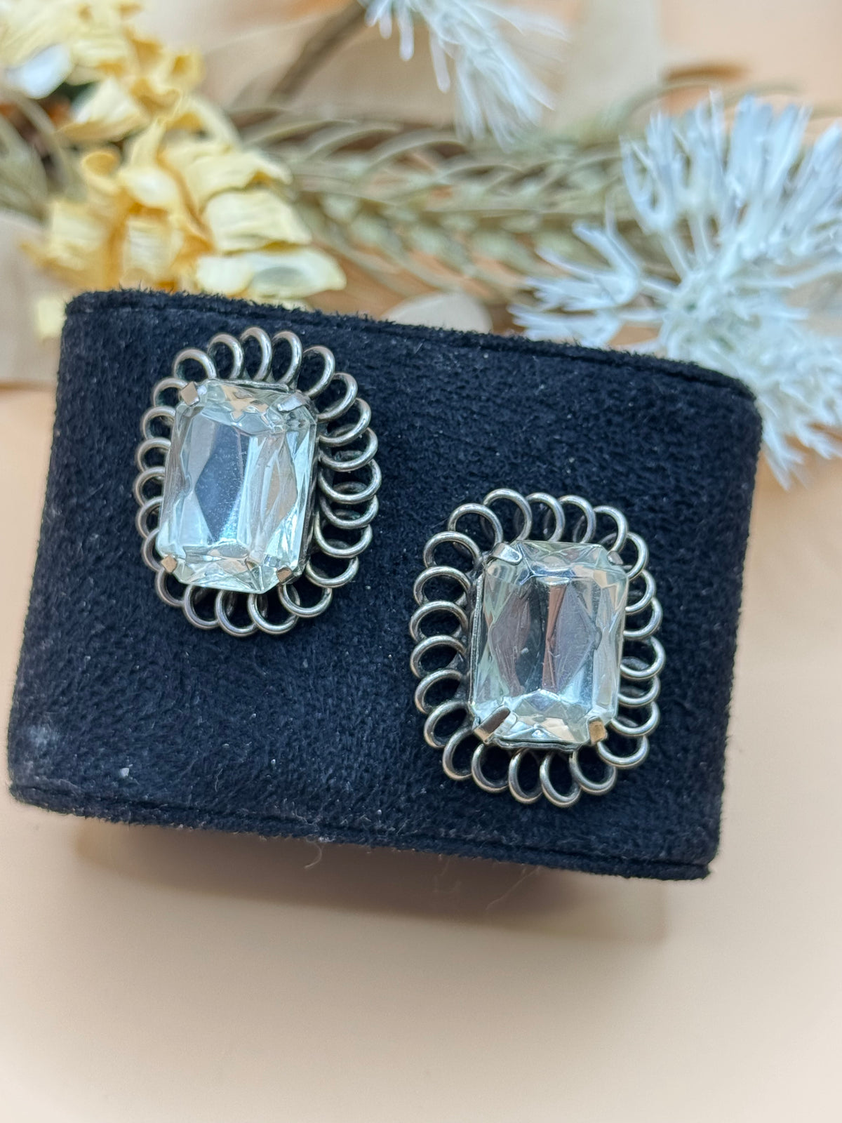 Vintage Clear Rhinestone Silver Tone Loop Frame Stud Earrings