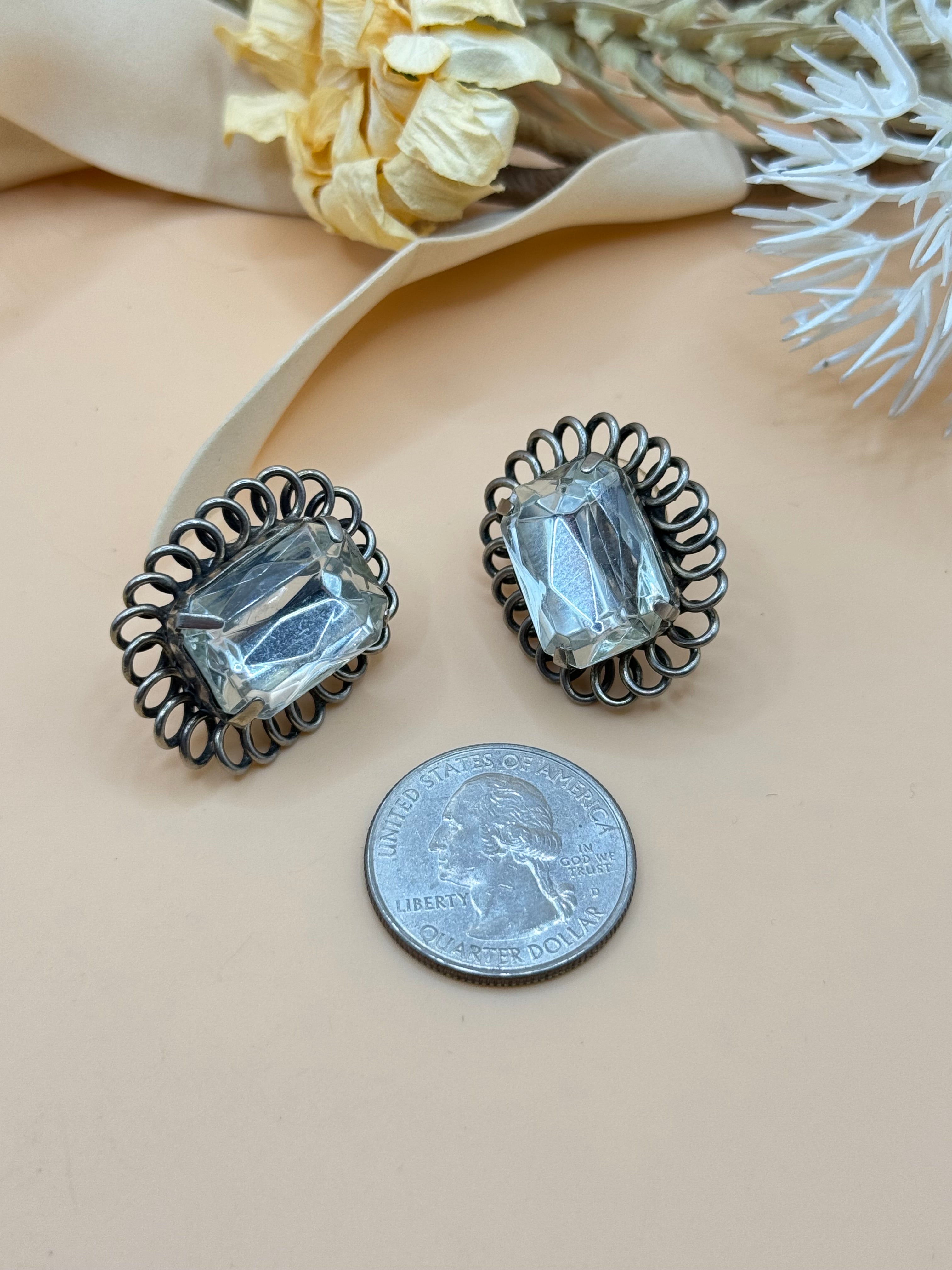 Vintage Clear Rhinestone Silver Tone Loop Frame Stud Earrings