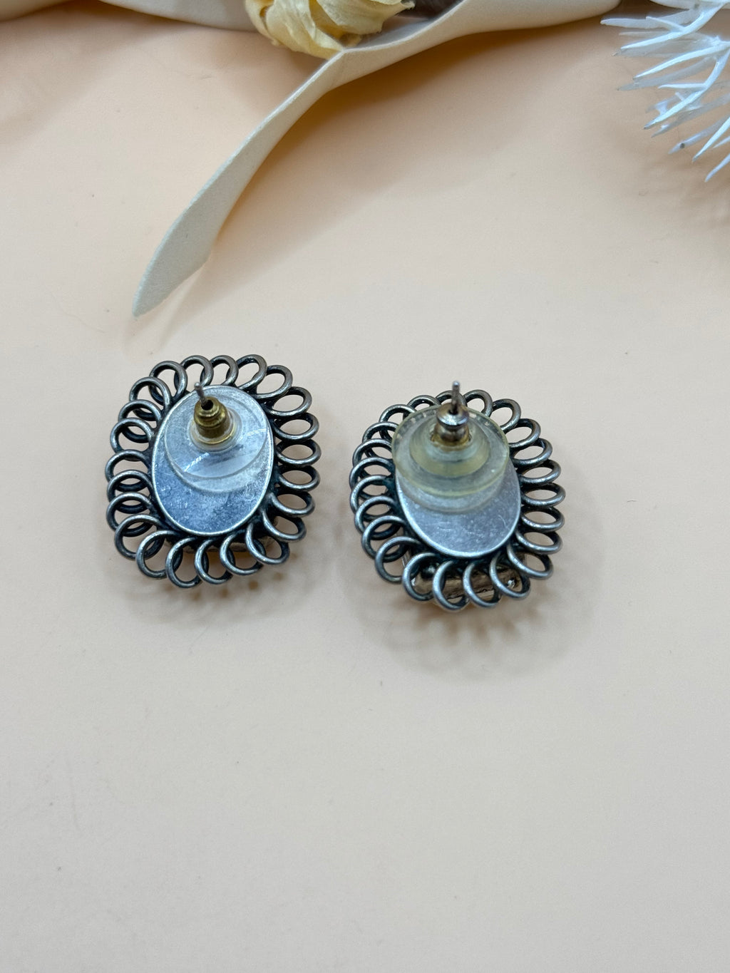 Vintage Clear Rhinestone Silver Tone Loop Frame Stud Earrings