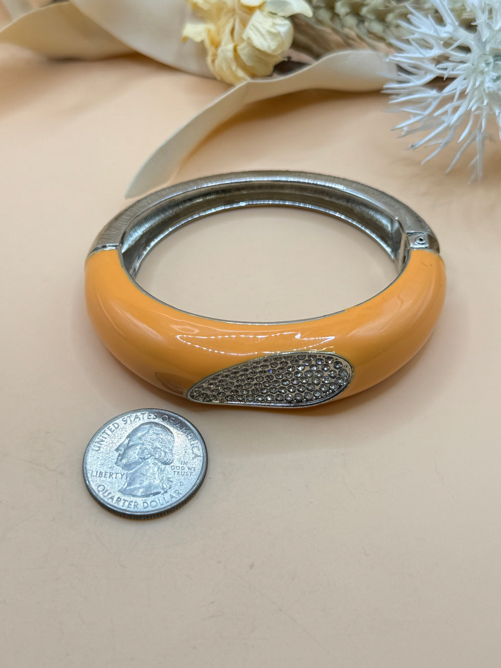 Orange Silver Tone Hinged Bangle Bracelet Clear Rhinestone Statement Jewelry