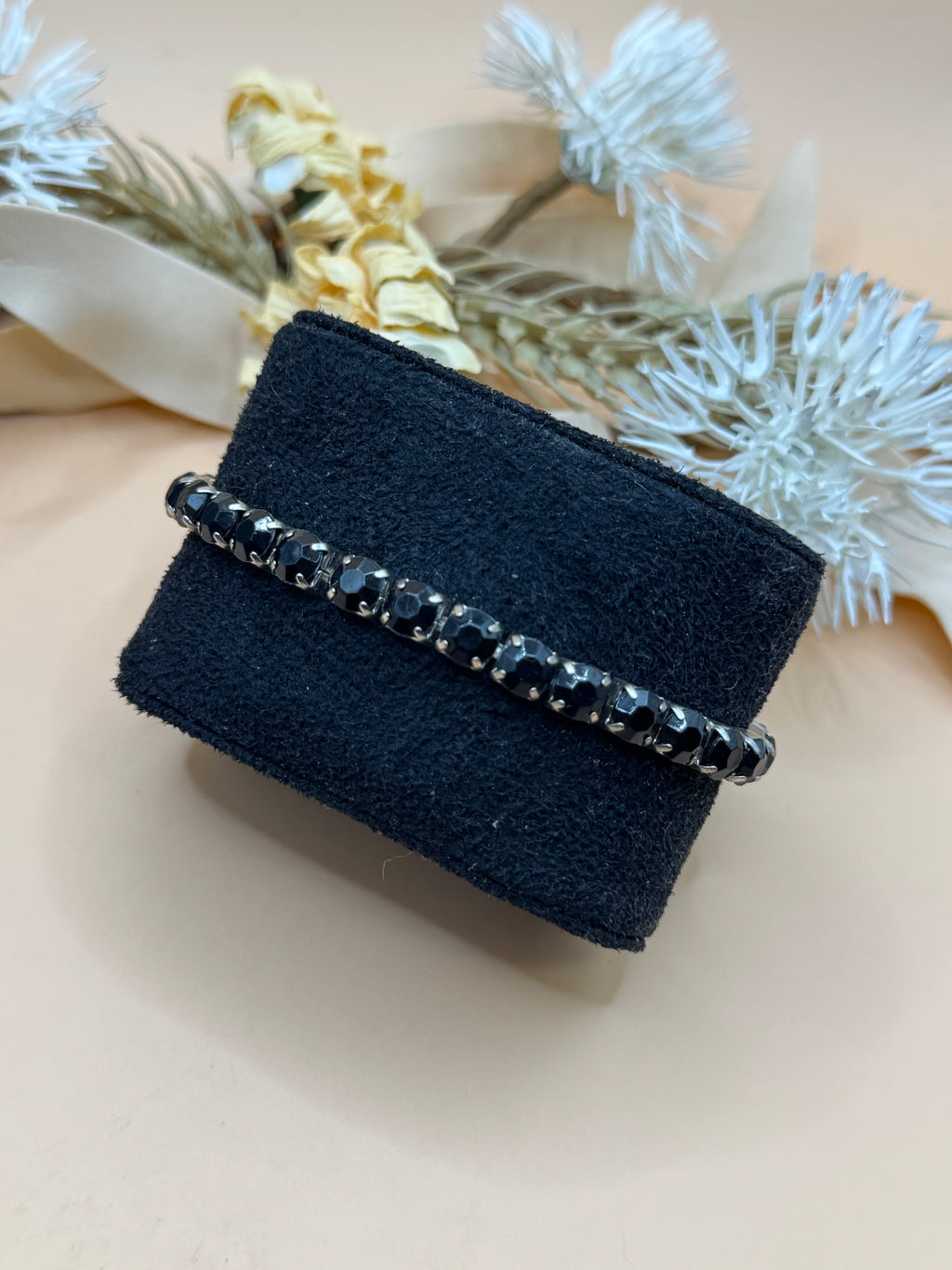 Vintage Black Rhinestone Silver Tone Stretch Tennis Bracelet