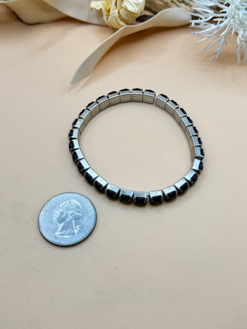 Vintage Black Rhinestone Silver Tone Stretch Tennis Bracelet