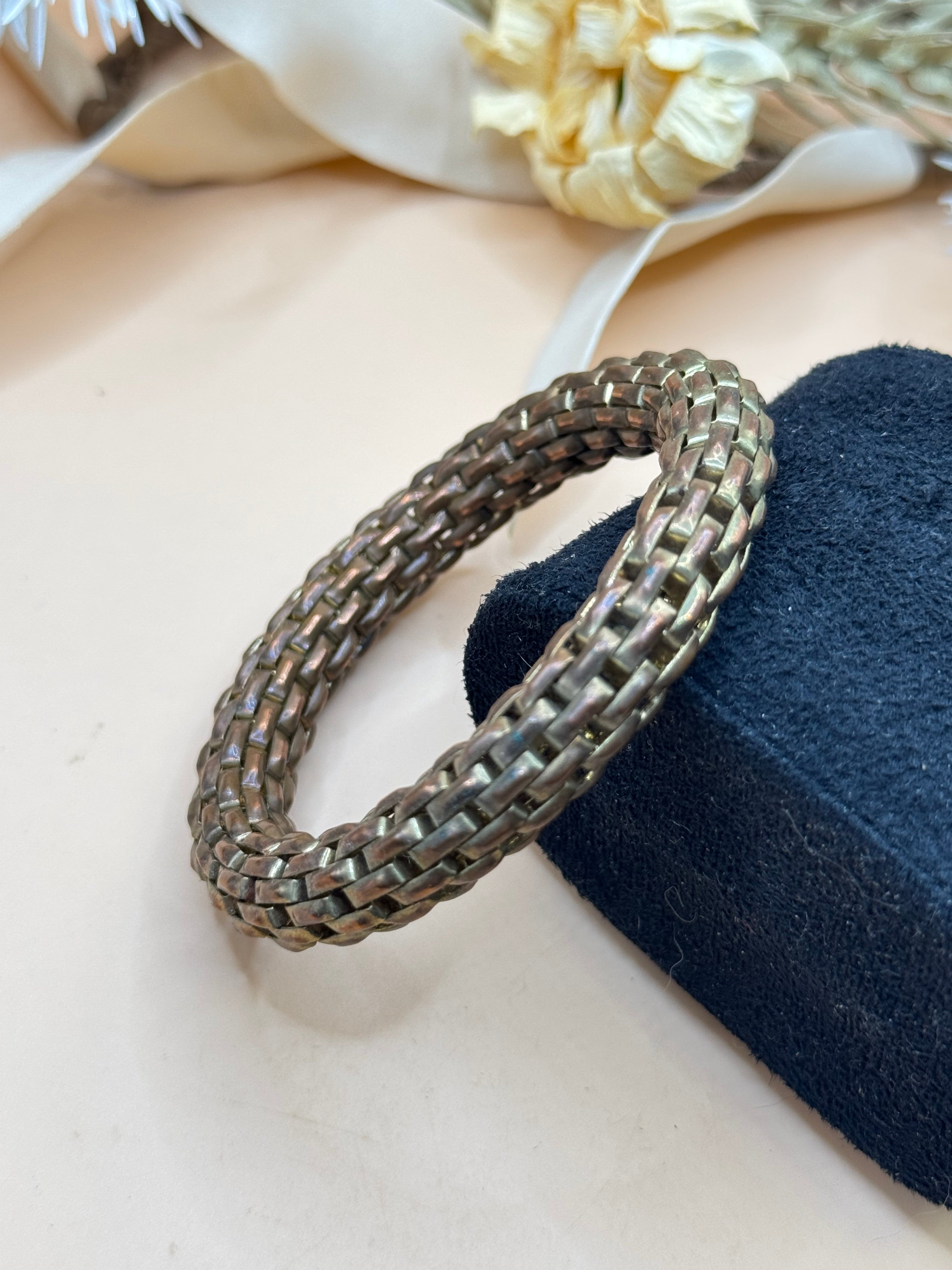 Vintage Woven Basket Weave Bronze Tone Stretch Bangle Bracelet