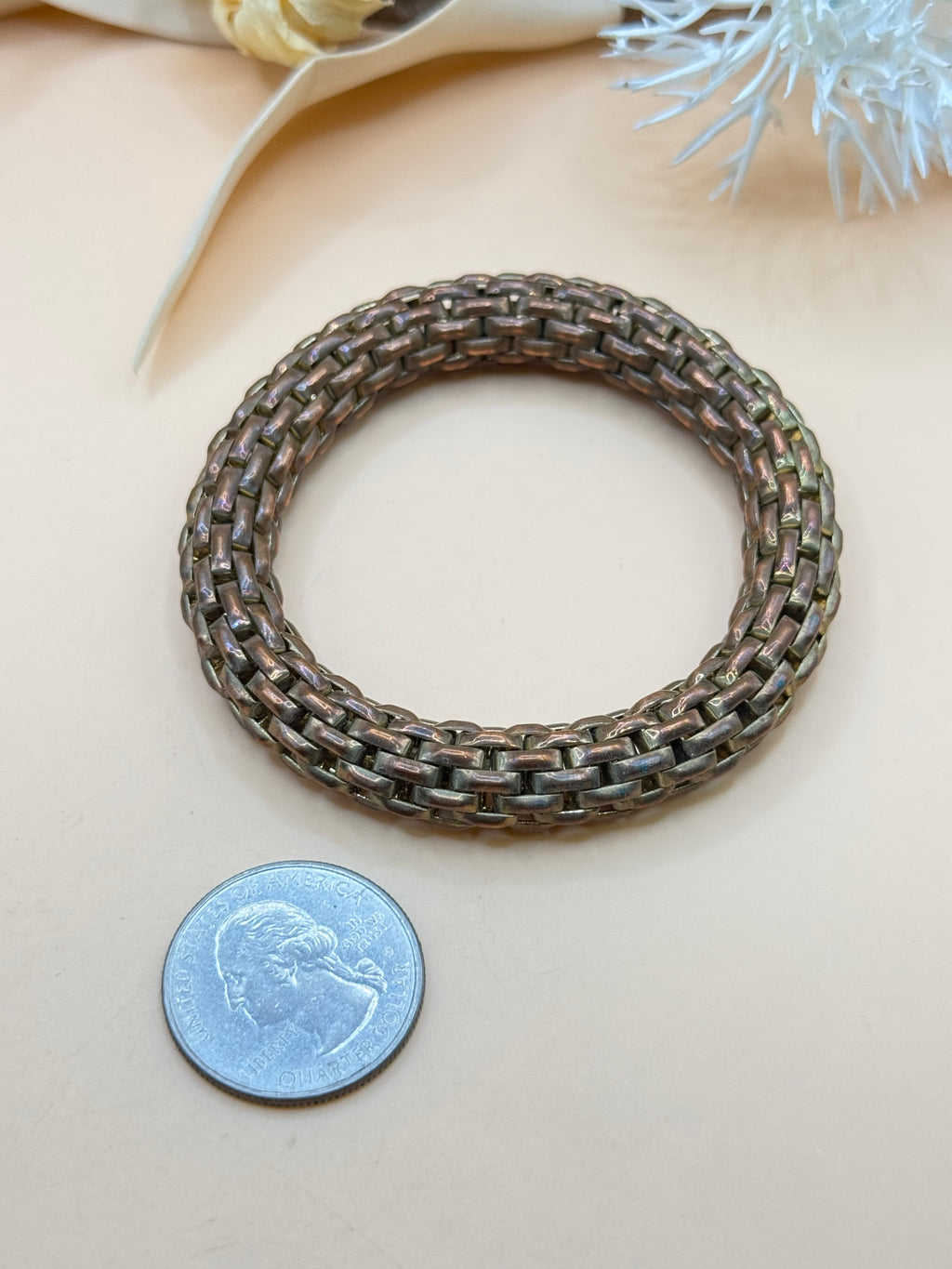 Vintage Woven Basket Weave Bronze Tone Stretch Bangle Bracelet