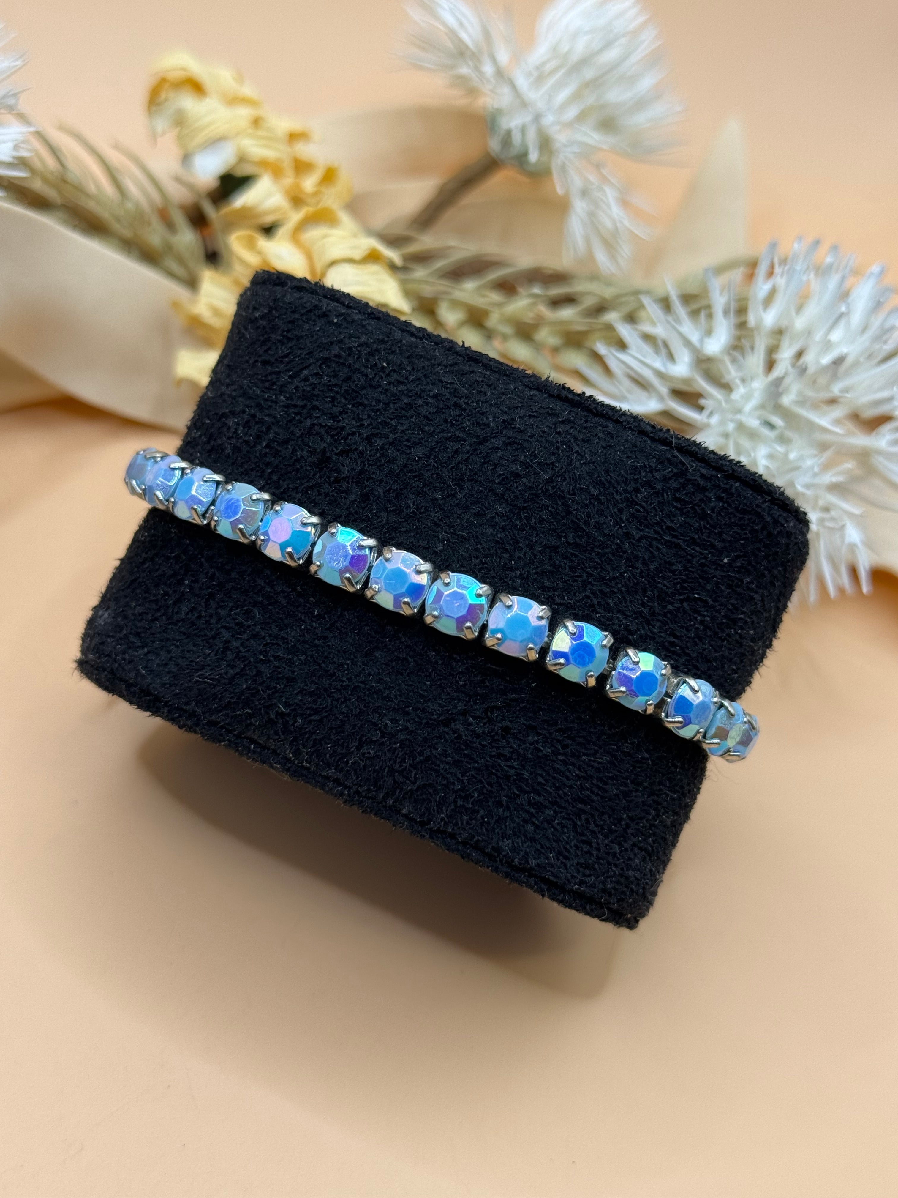 Vintage Blue Aurora Borealis Rhinestone Silver Tone Stretch Bracelet
