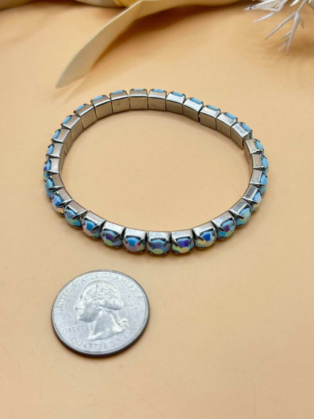 Vintage Blue Aurora Borealis Rhinestone Silver Tone Stretch Bracelet