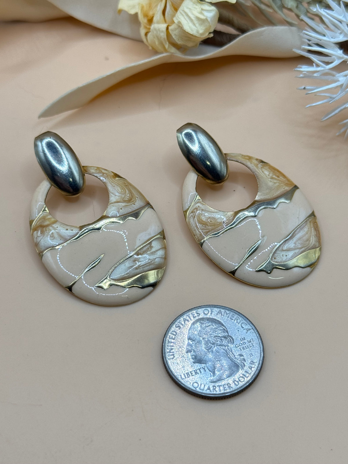Vintage Silver & Gold Tone Abstract Oval Dangle Pierced Statement Earrings