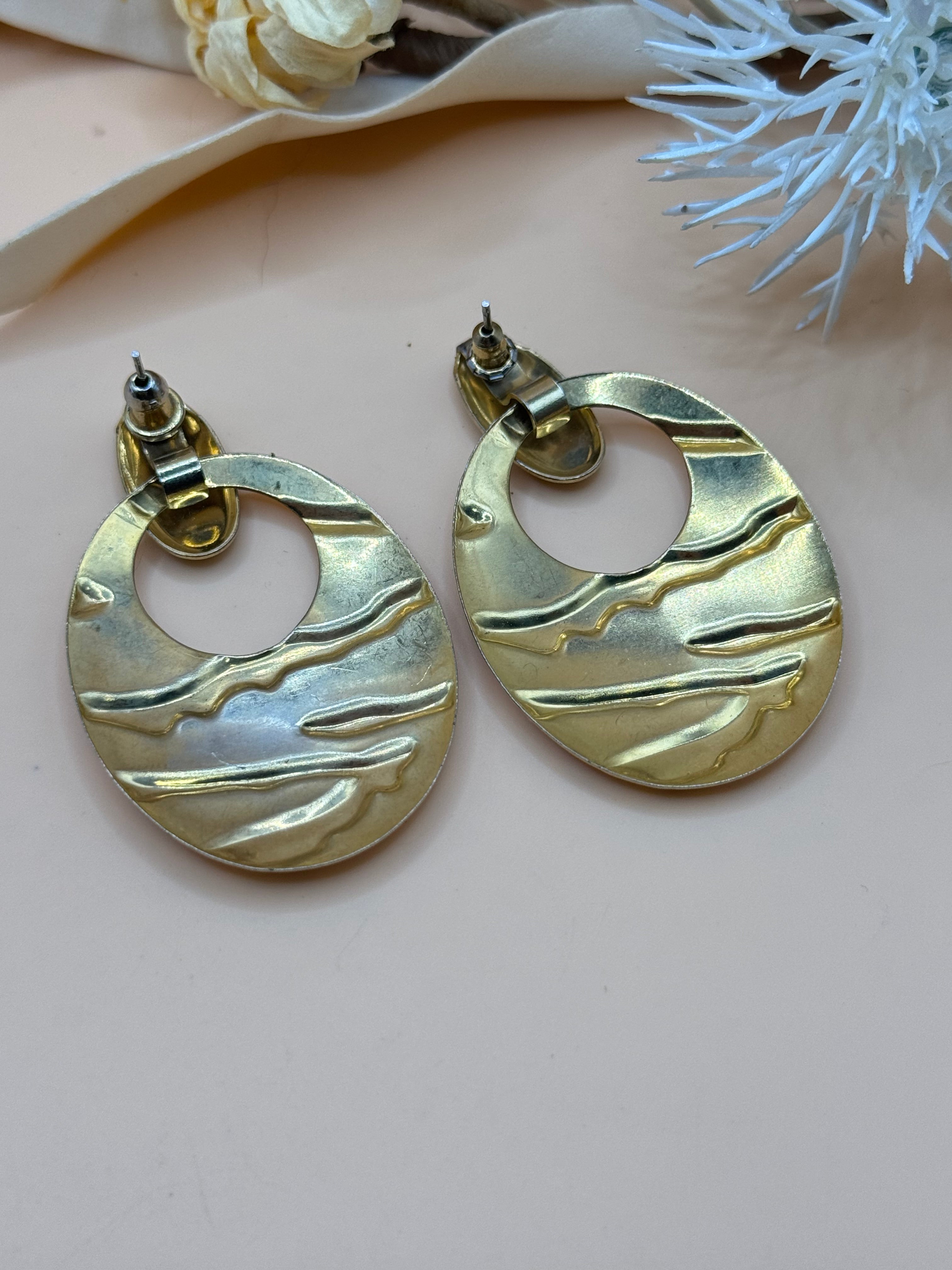 Vintage Silver & Gold Tone Abstract Oval Dangle Pierced Statement Earrings