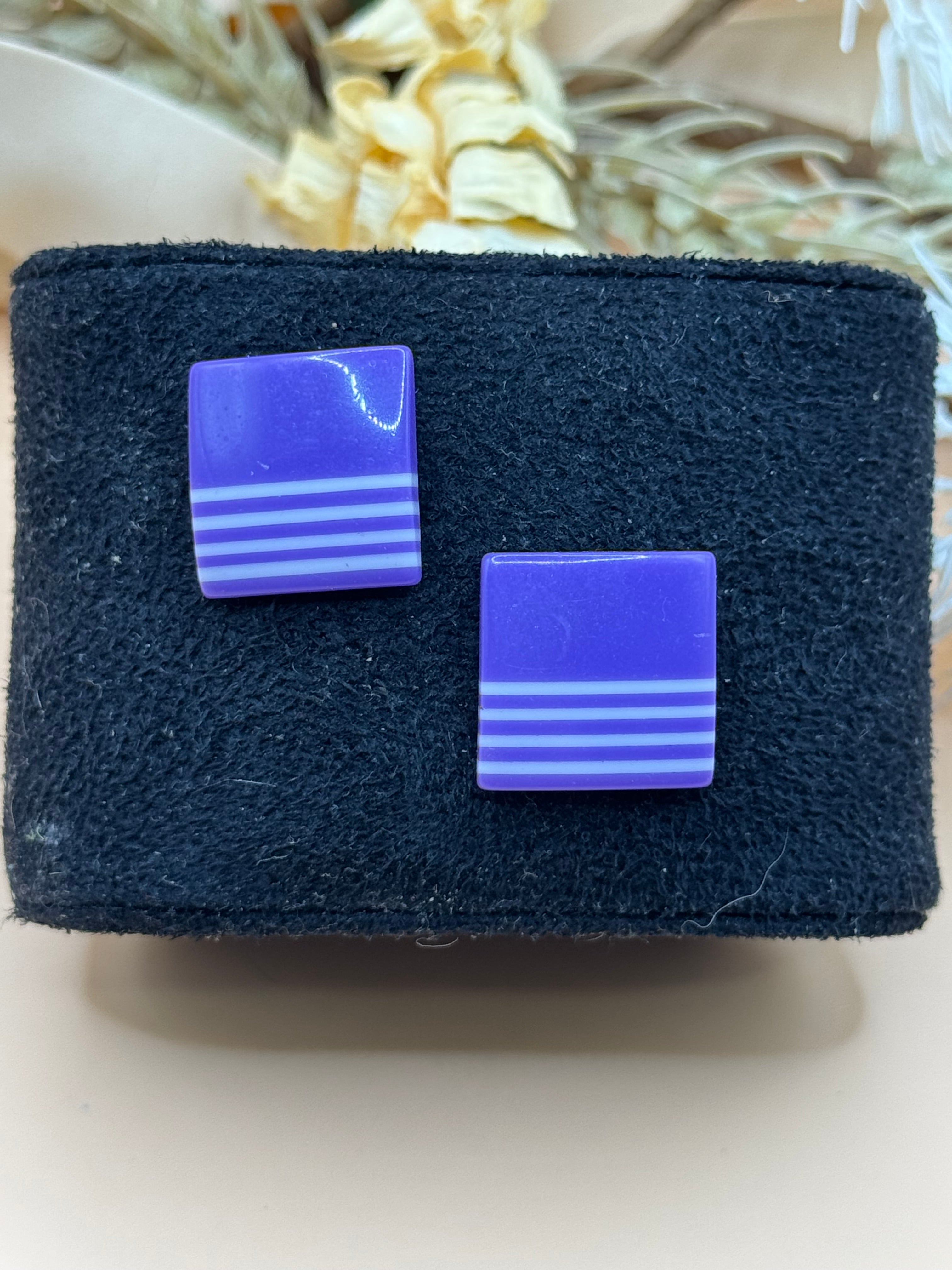 Vintage Purple Striped Square Pierced Stud Earrings Retro Geometric