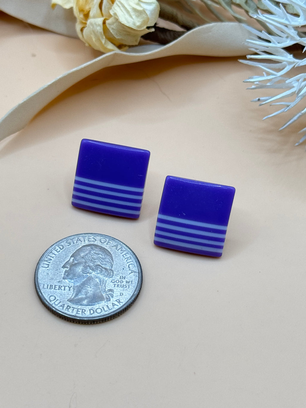 Vintage Purple Striped Square Pierced Stud Earrings Retro Geometric