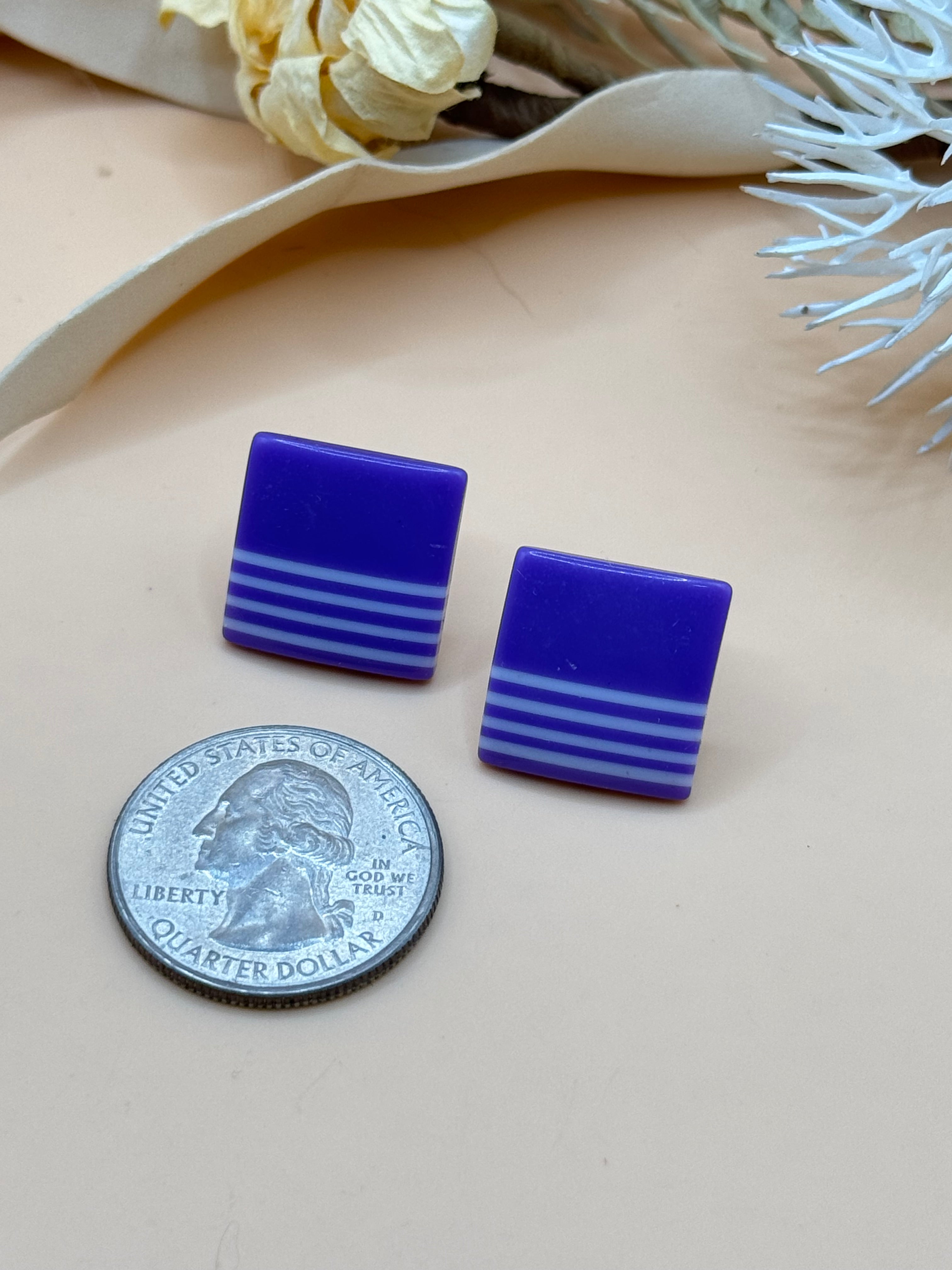 Vintage Purple Striped Square Pierced Stud Earrings Retro Geometric