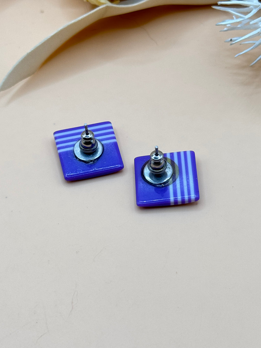 Vintage Purple Striped Square Pierced Stud Earrings Retro Geometric