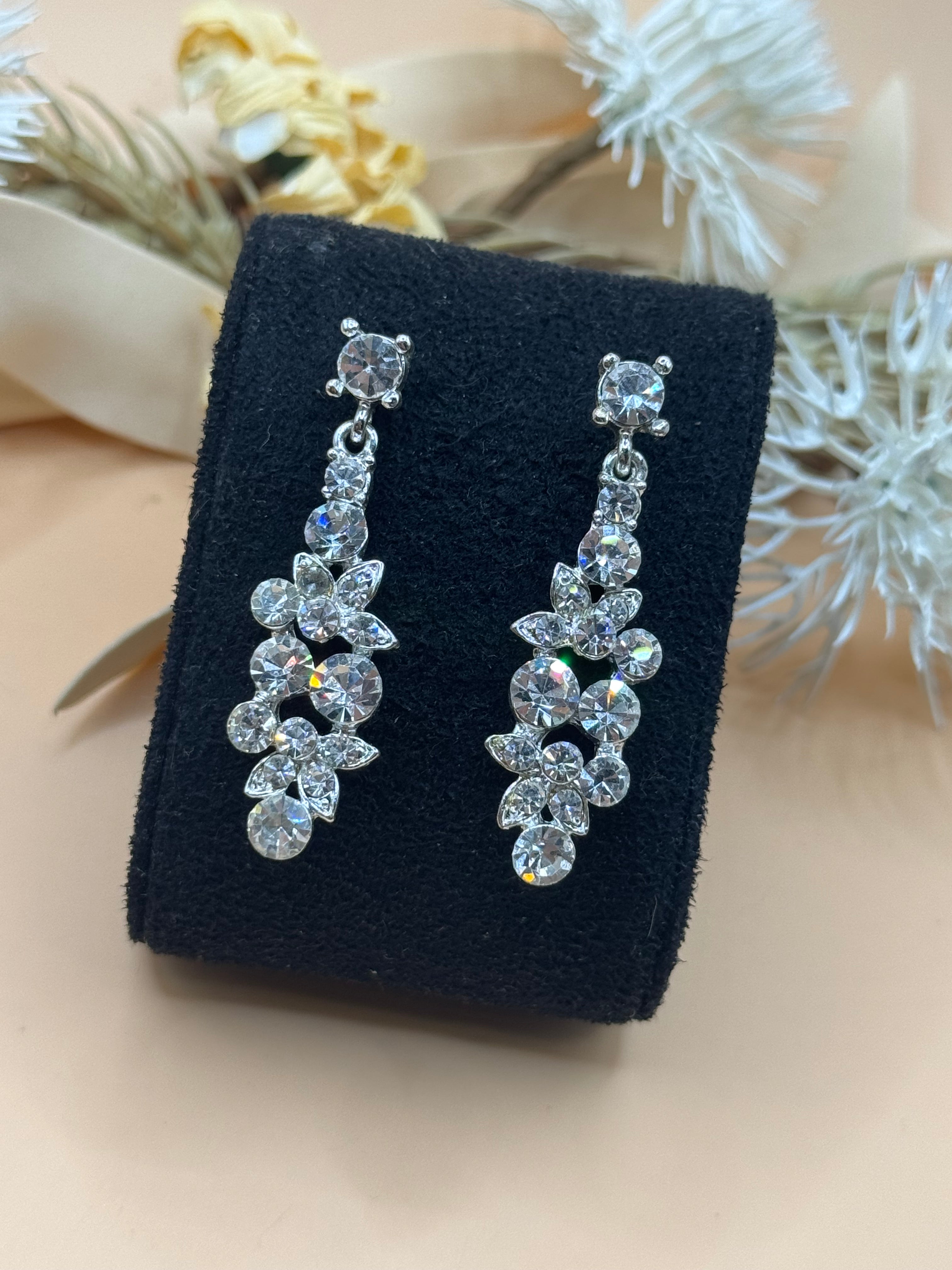 Clear Rhinestone Floral Silver Tone Dangle Pierced Statement Earrings