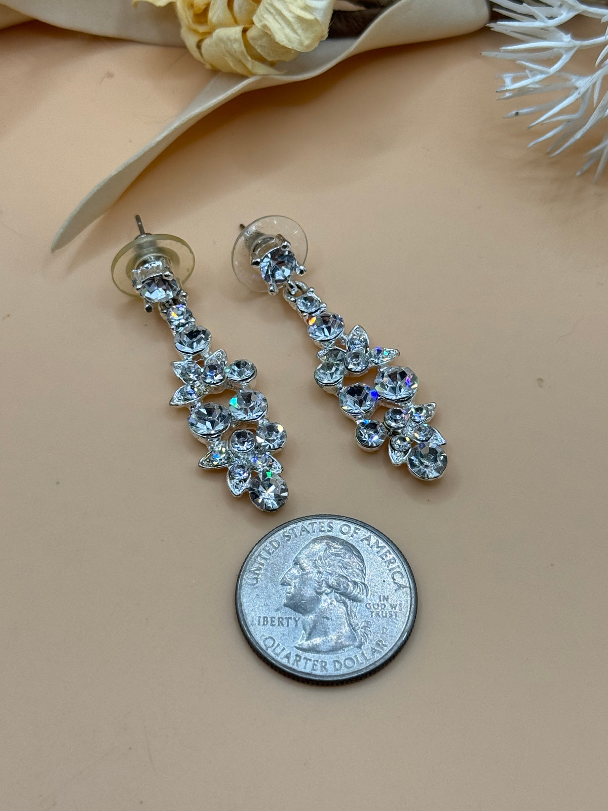 Clear Rhinestone Floral Silver Tone Dangle Pierced Statement Earrings