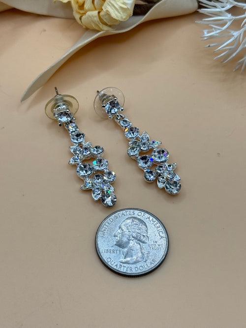Clear Rhinestone Floral Silver Tone Dangle Pierced Statement Earrings