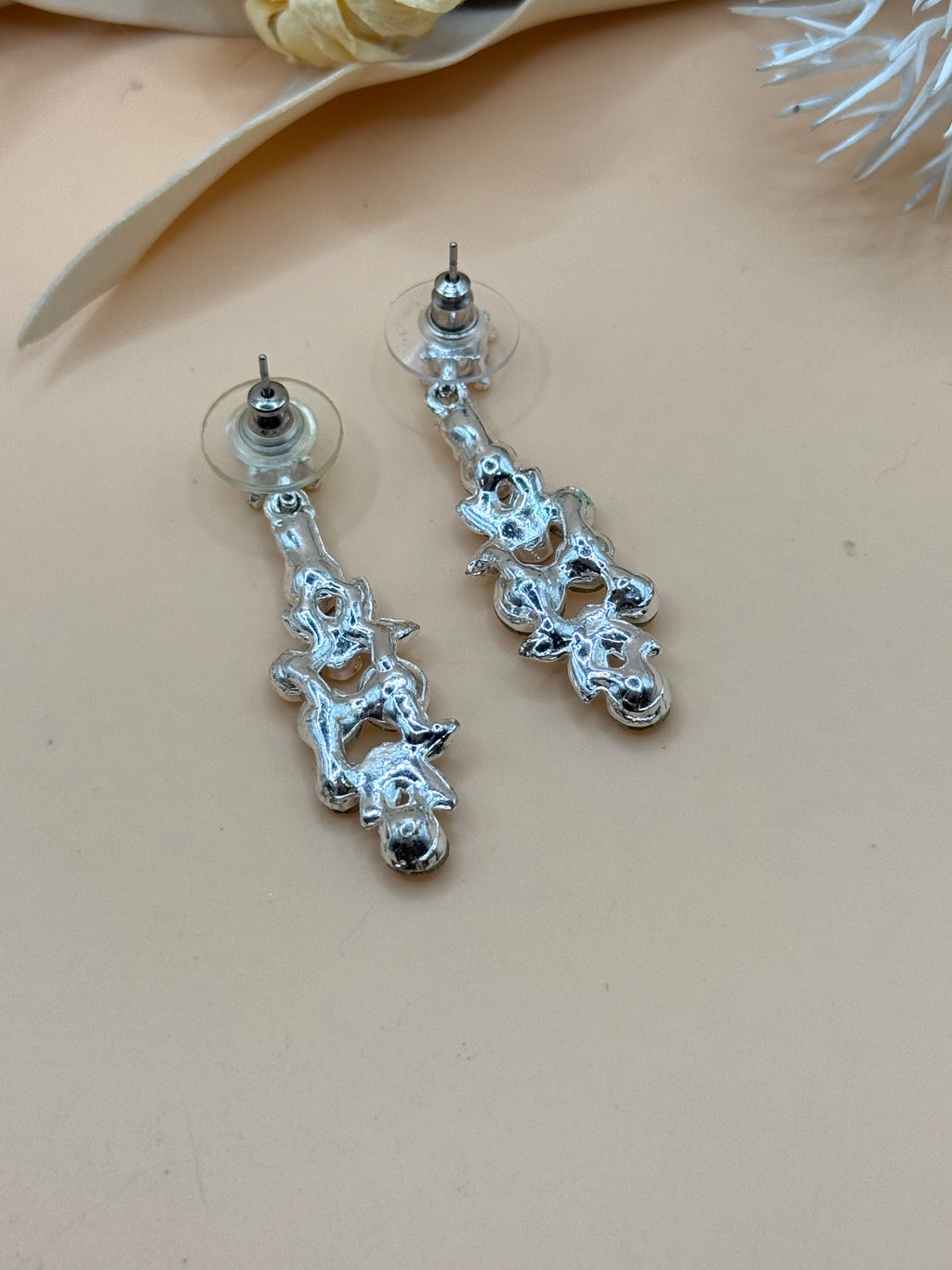 Clear Rhinestone Floral Silver Tone Dangle Pierced Statement Earrings