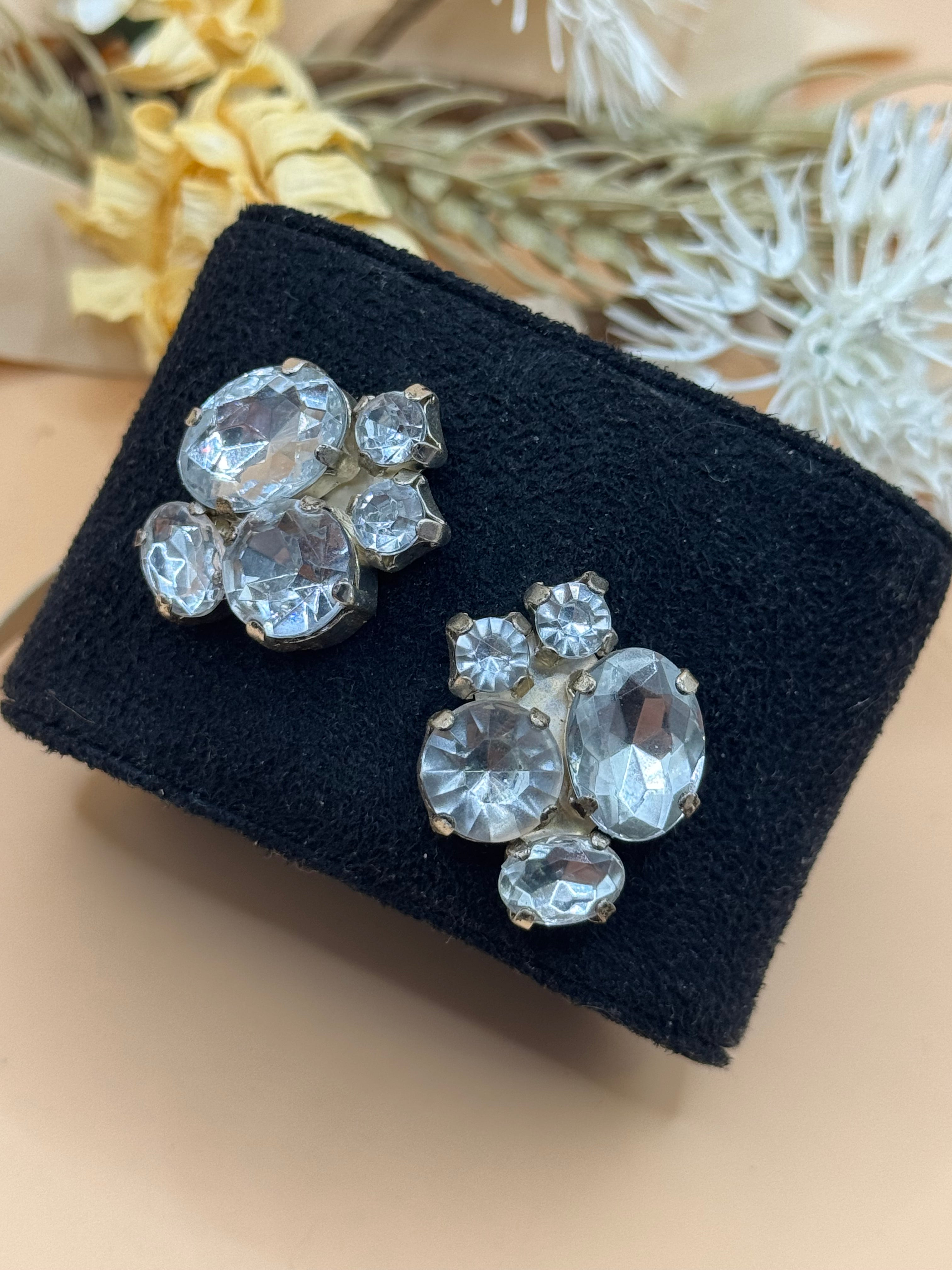 Vintage Clear Rhinestone Cluster Silver Tone Pierced Statement Earrings