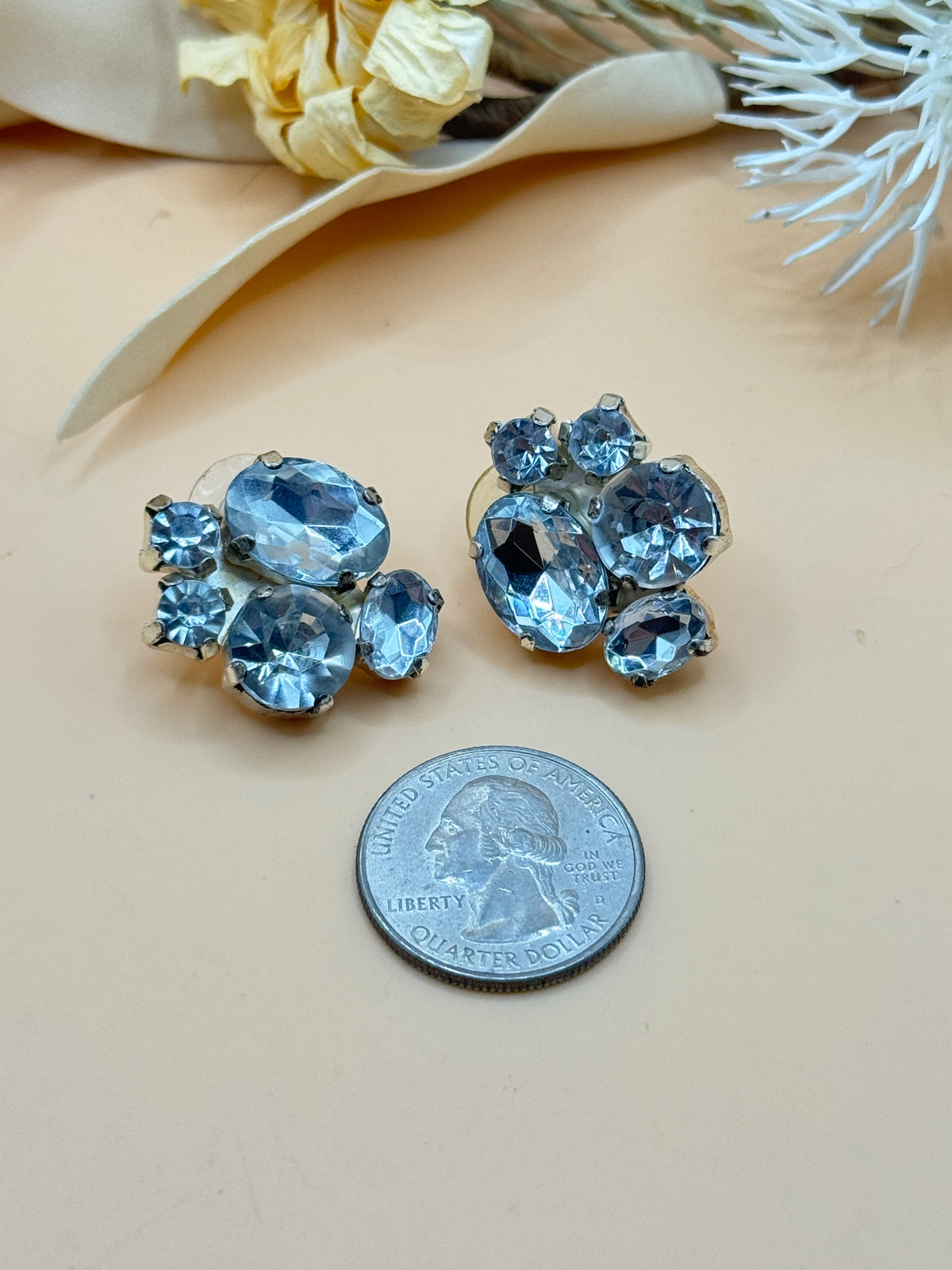 Vintage Clear Rhinestone Cluster Silver Tone Pierced Statement Earrings