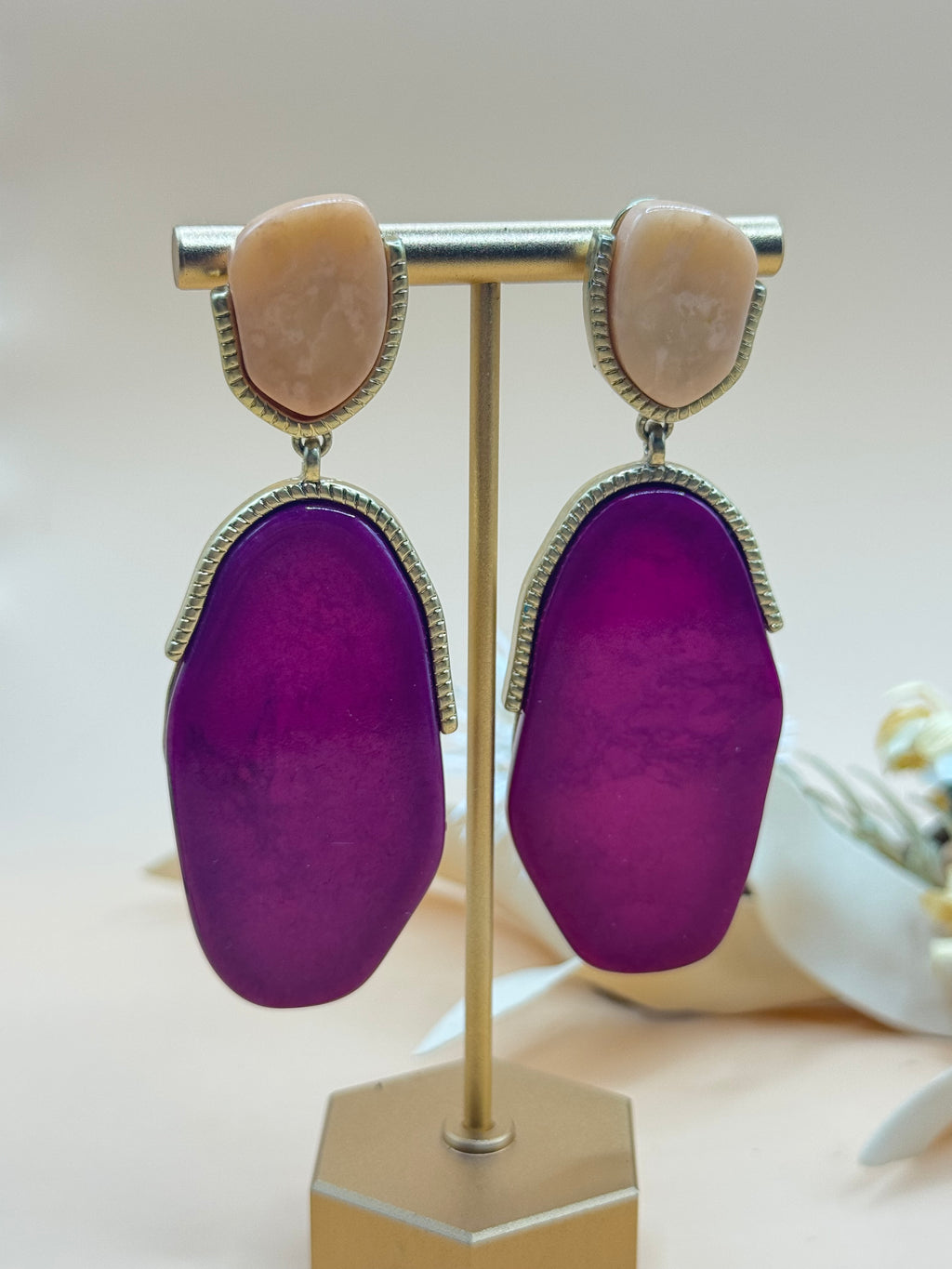 Vintage Purple & Peach Statement Drop Earrings Silver Tone Pierced