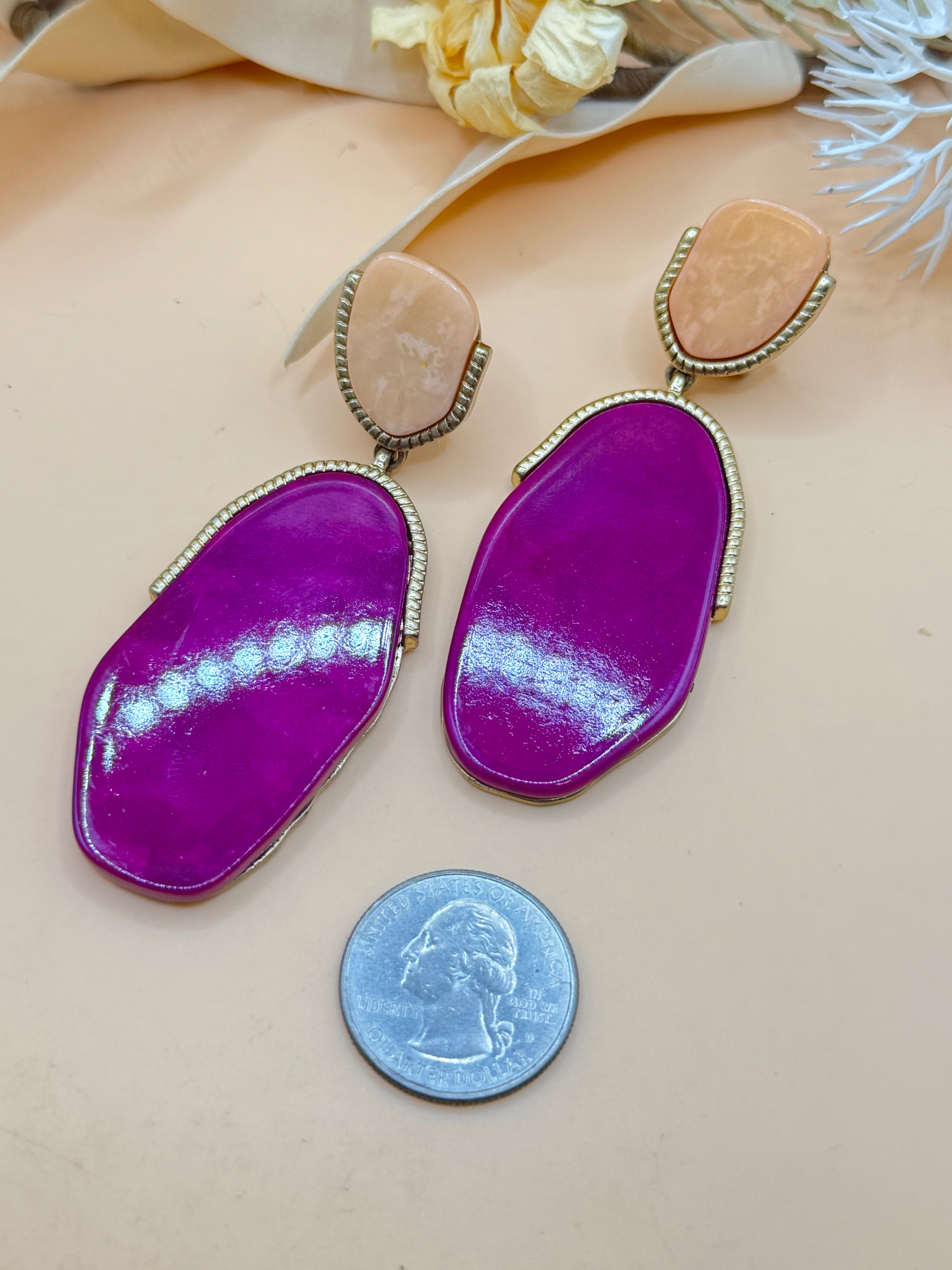 Vintage Purple & Peach Statement Drop Earrings Silver Tone Pierced