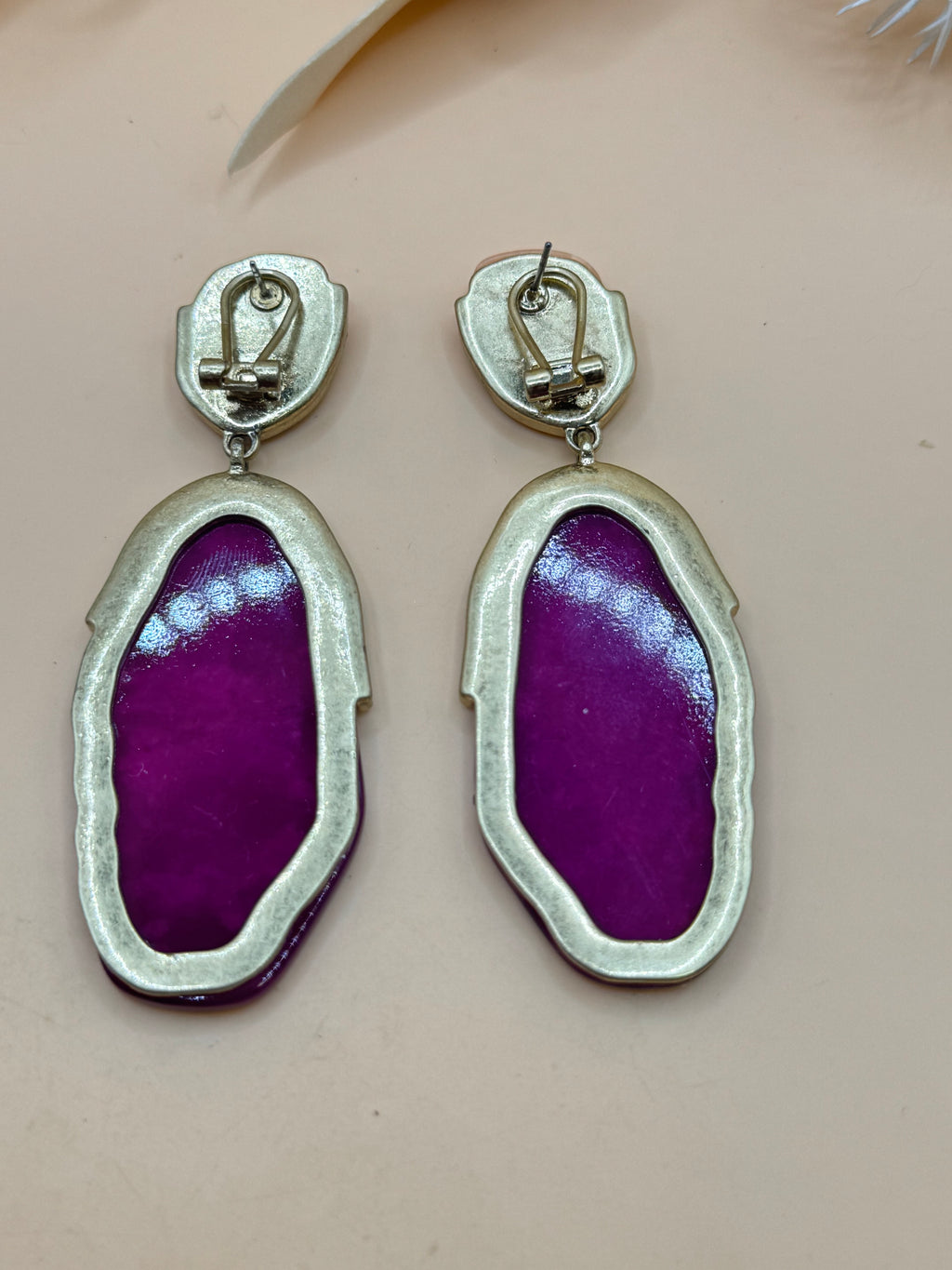 Vintage Purple & Peach Statement Drop Earrings Silver Tone Pierced