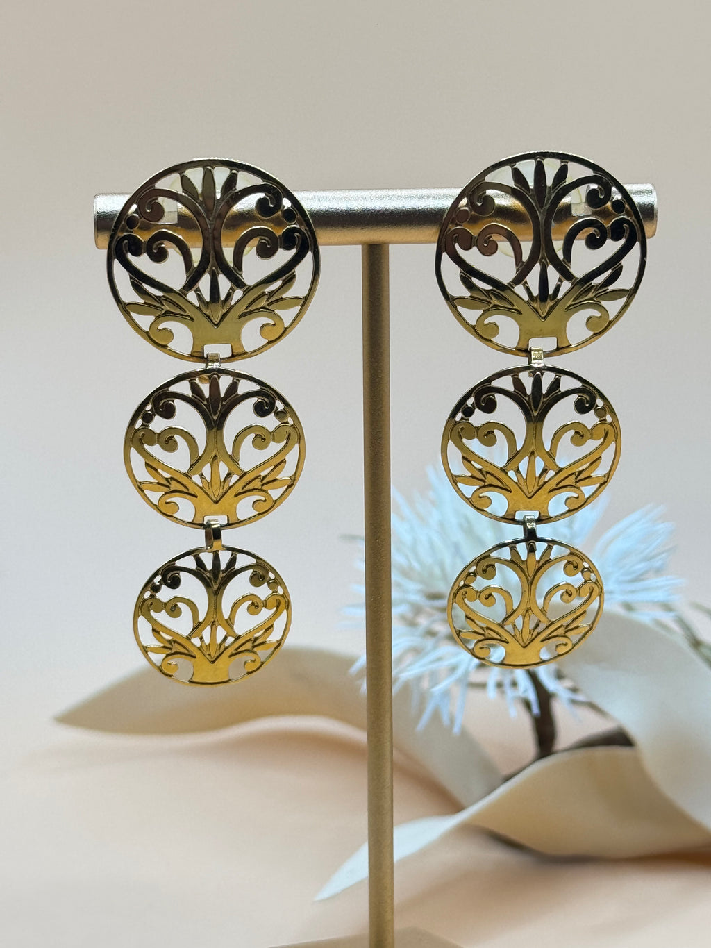 Gold Tone Filigree Triple Circle Dangle Pierced Statement Earrings