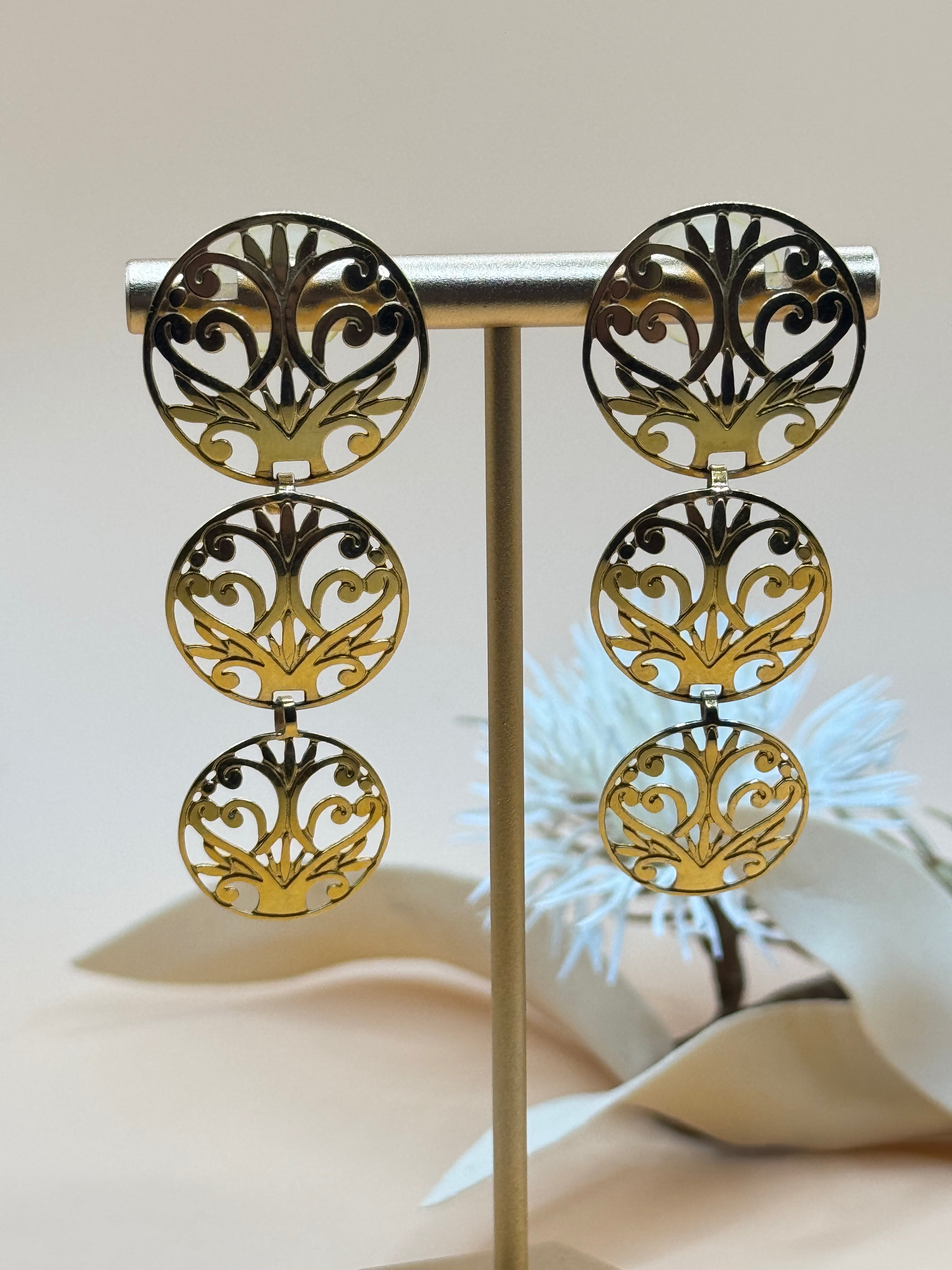 Gold Tone Filigree Triple Circle Dangle Pierced Statement Earrings