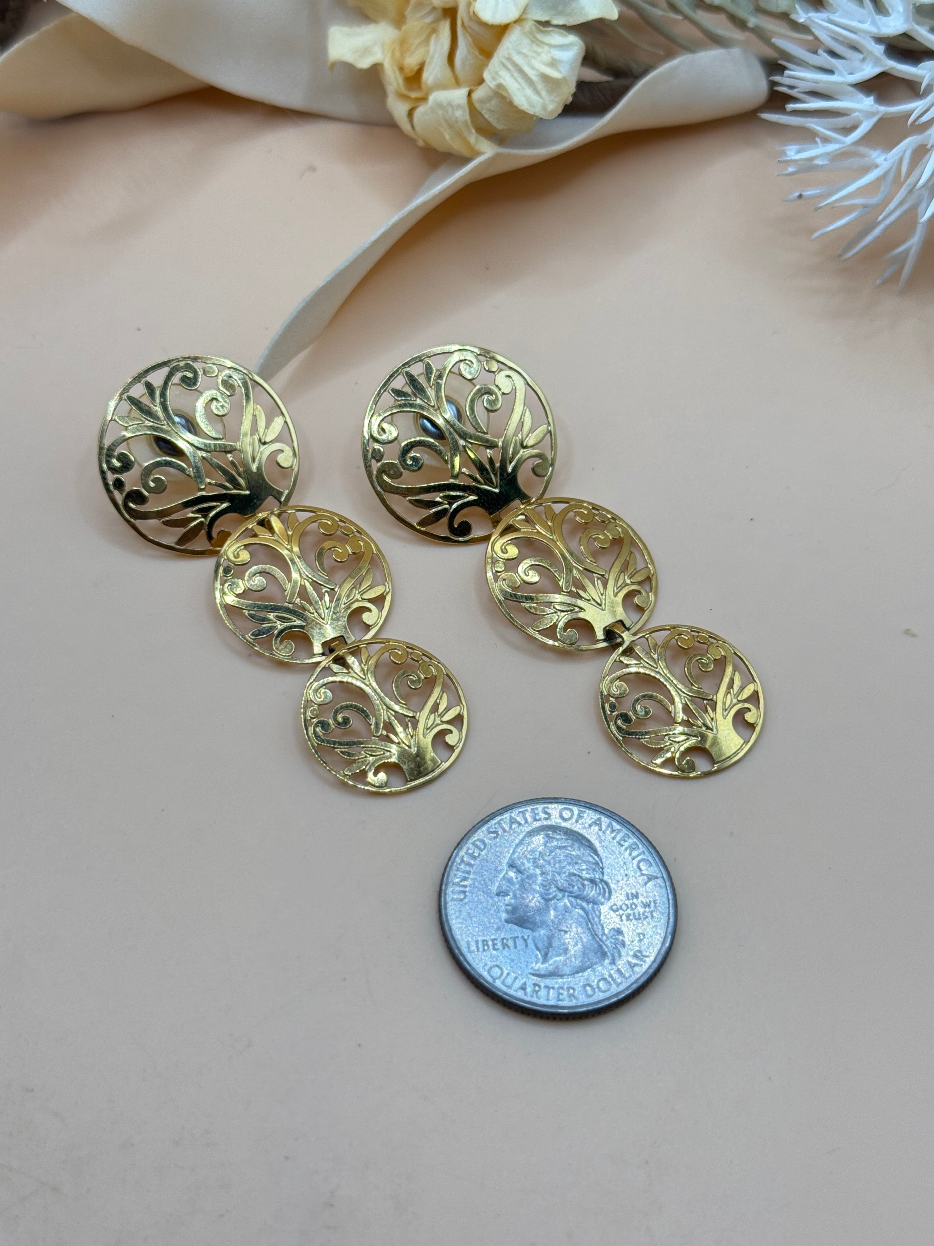 Gold Tone Filigree Triple Circle Dangle Pierced Statement Earrings