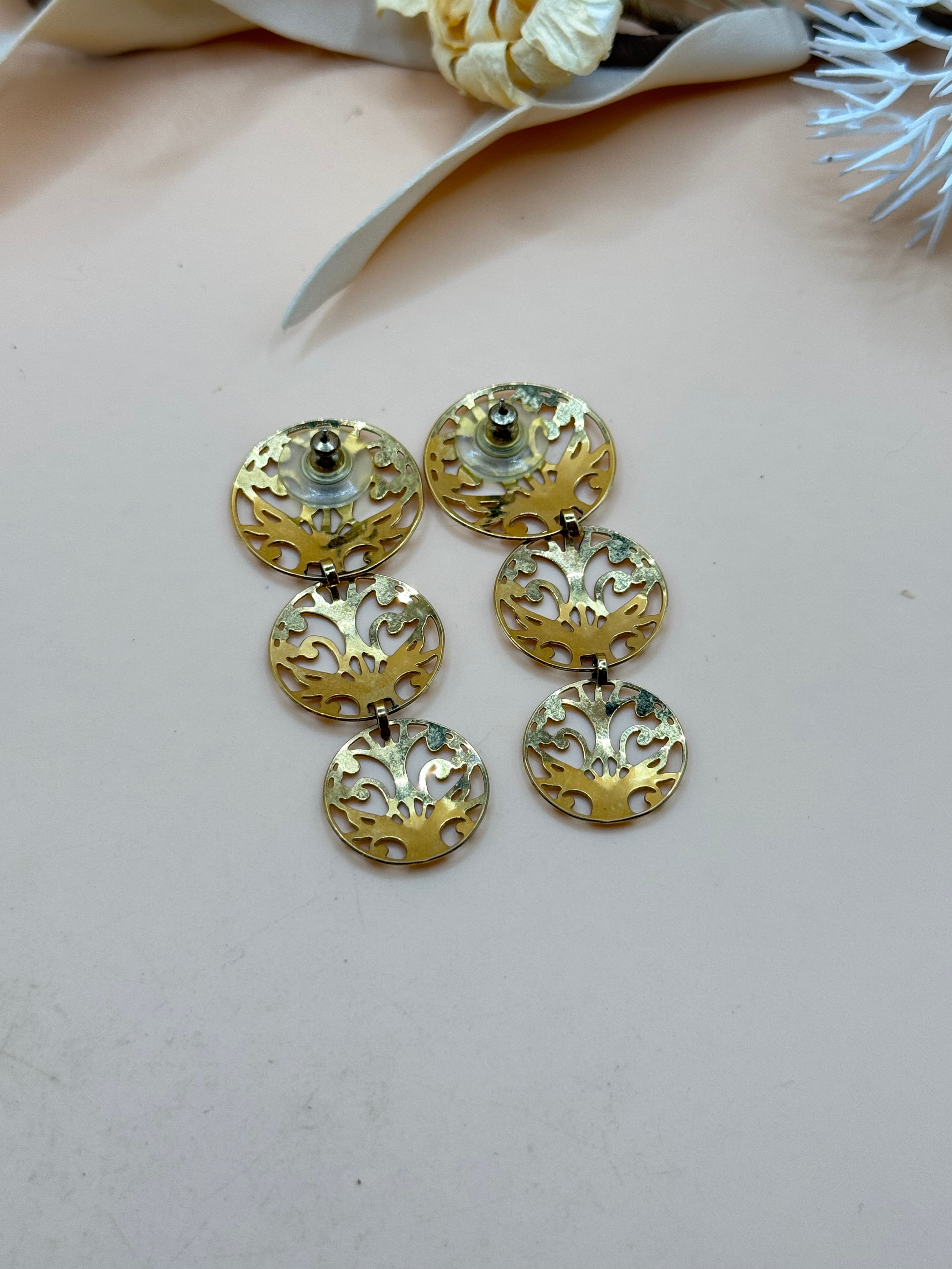 Gold Tone Filigree Triple Circle Dangle Pierced Statement Earrings