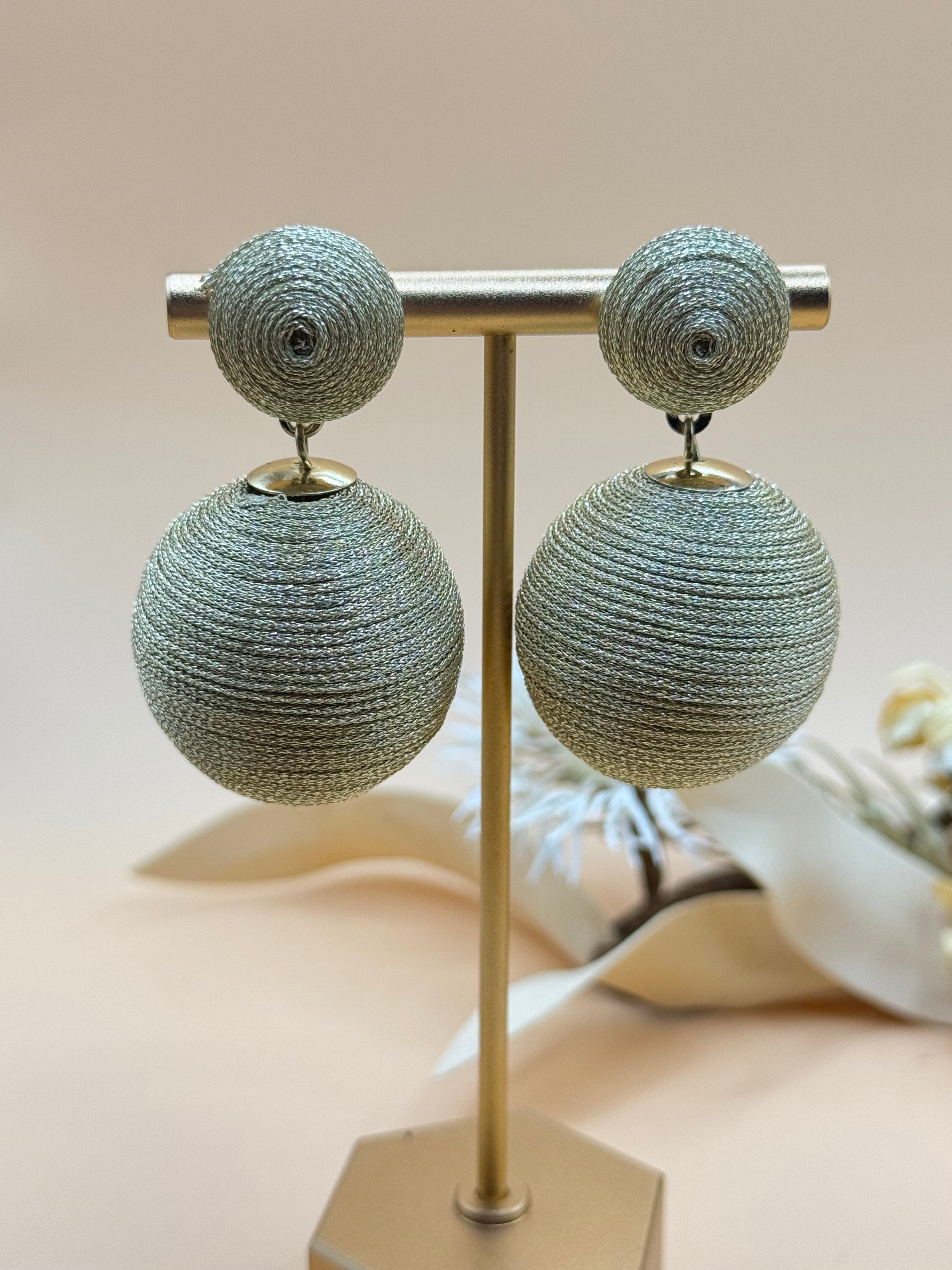 Gold Tone Metallic Thread Wrapped Ball Drop Pierced Statement Earrings