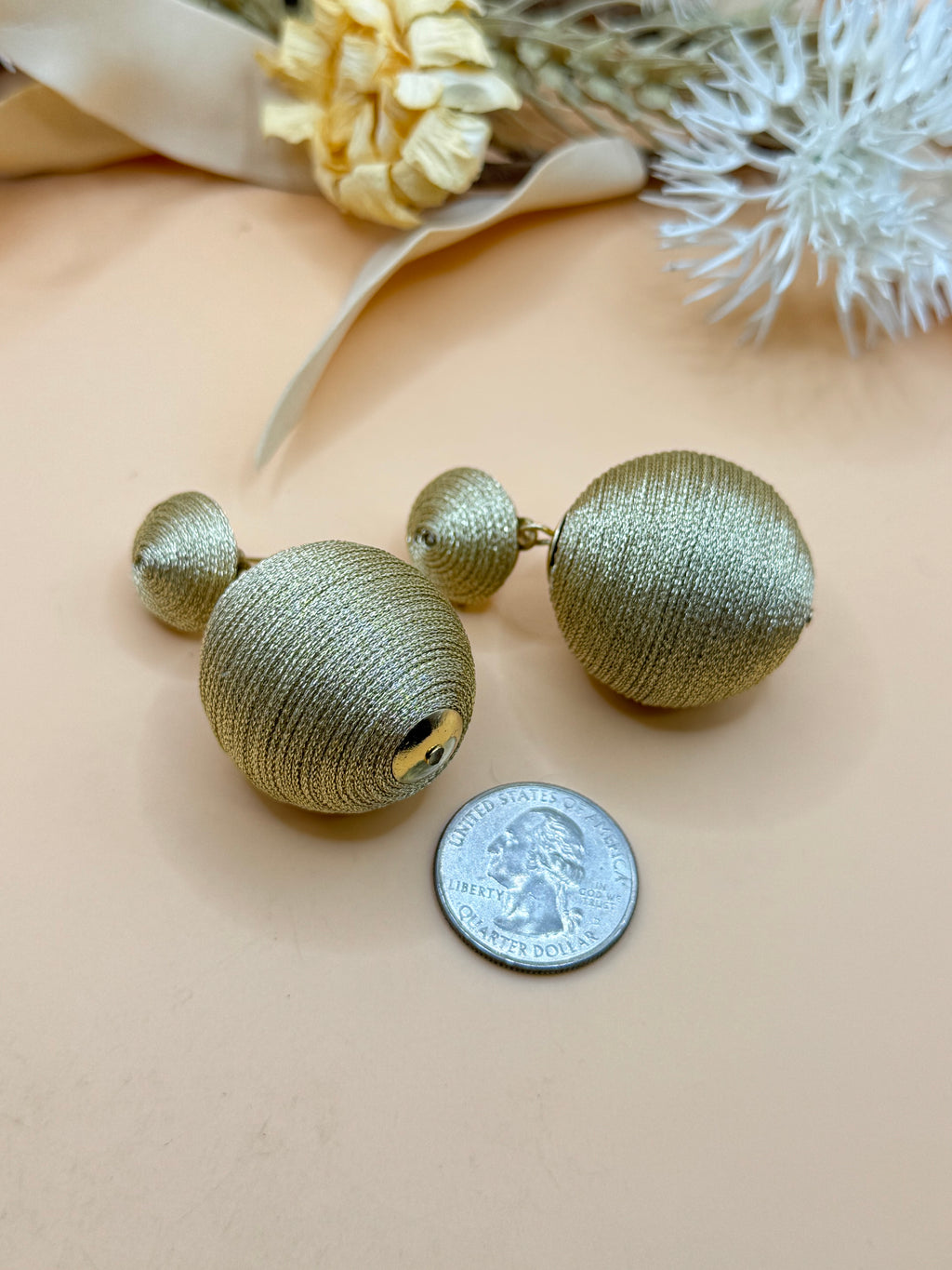 Gold Tone Metallic Thread Wrapped Ball Drop Pierced Statement Earrings