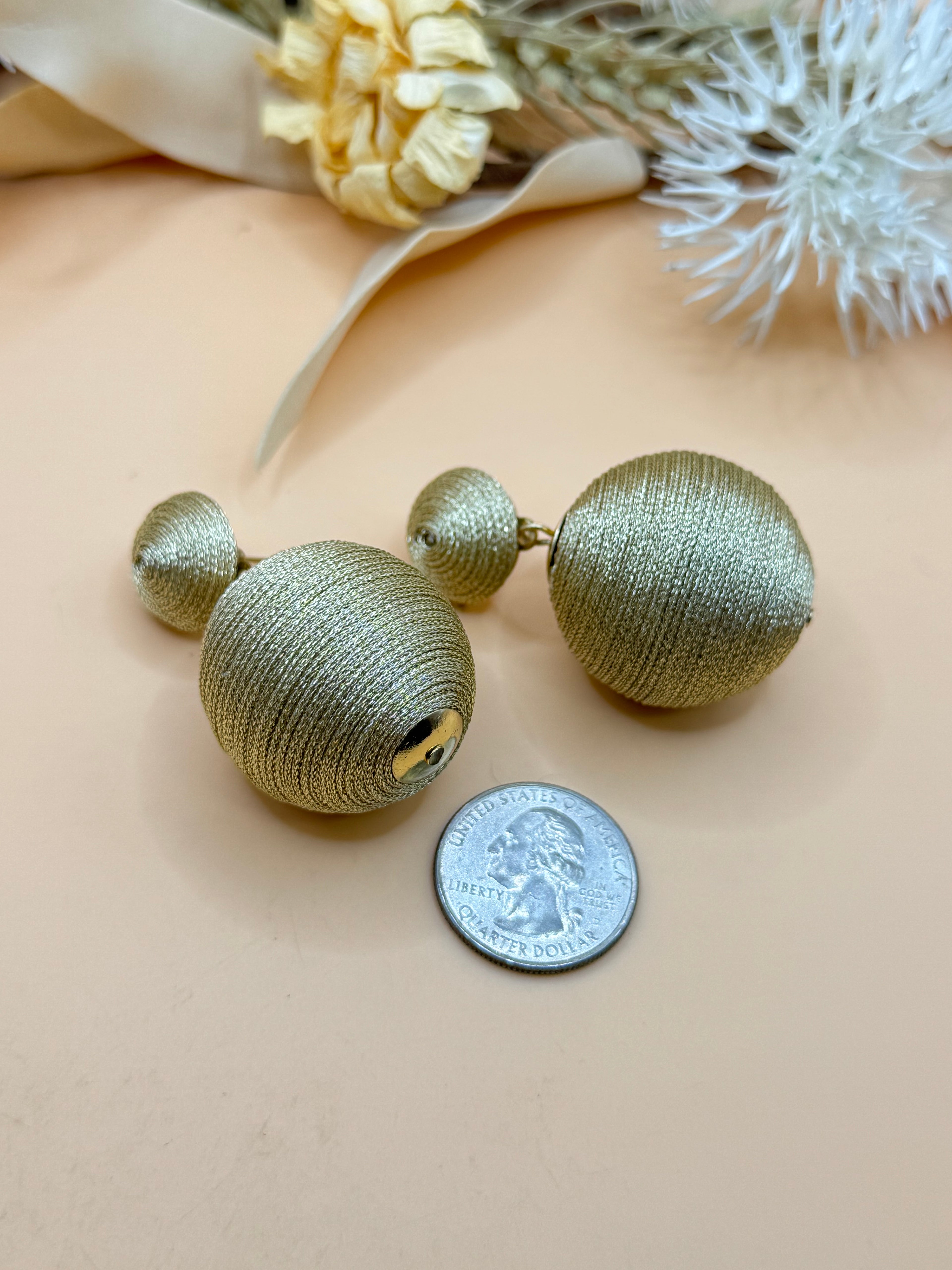 Gold Tone Metallic Thread Wrapped Ball Drop Pierced Statement Earrings