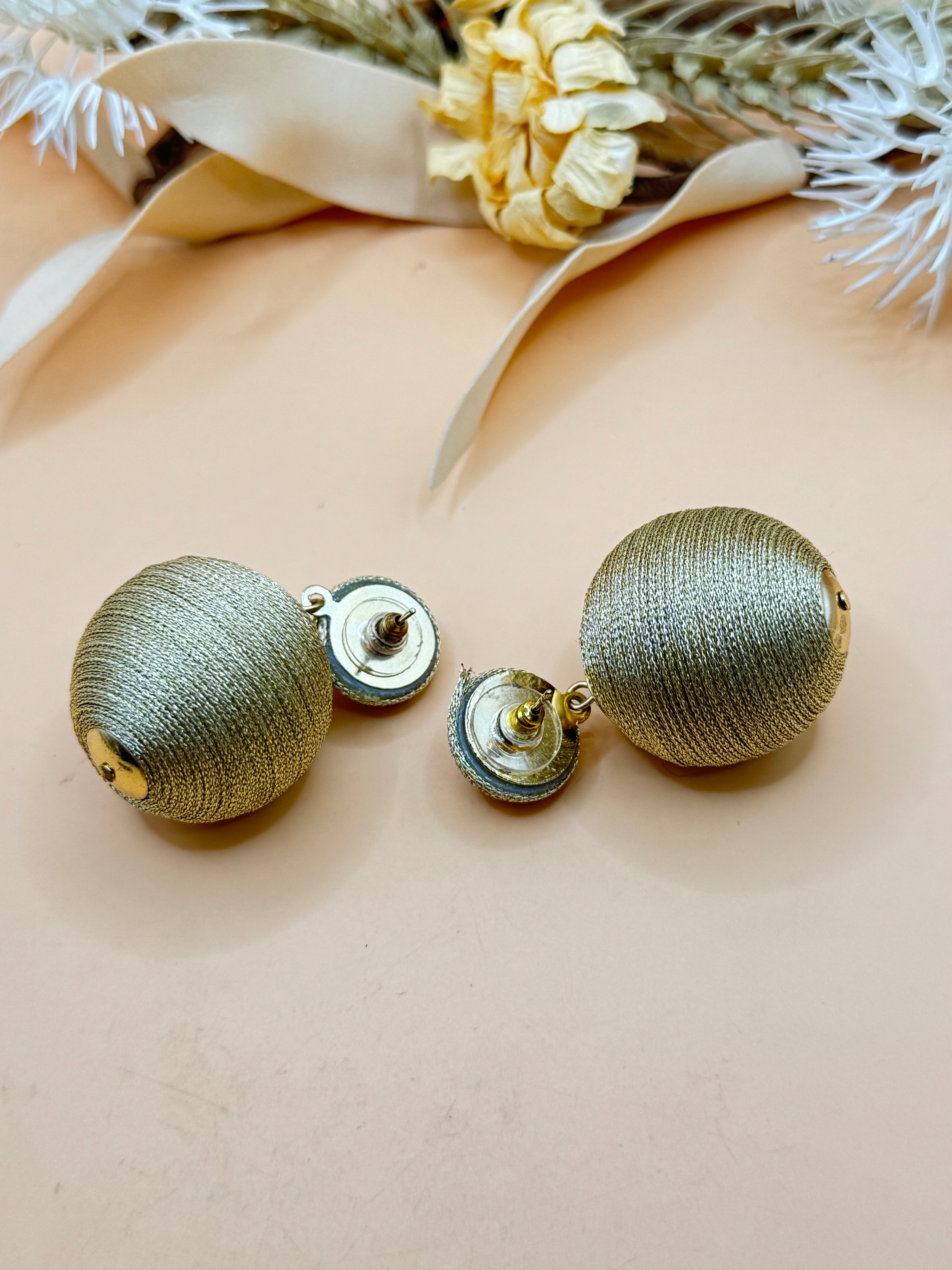Gold Tone Metallic Thread Wrapped Ball Drop Pierced Statement Earrings