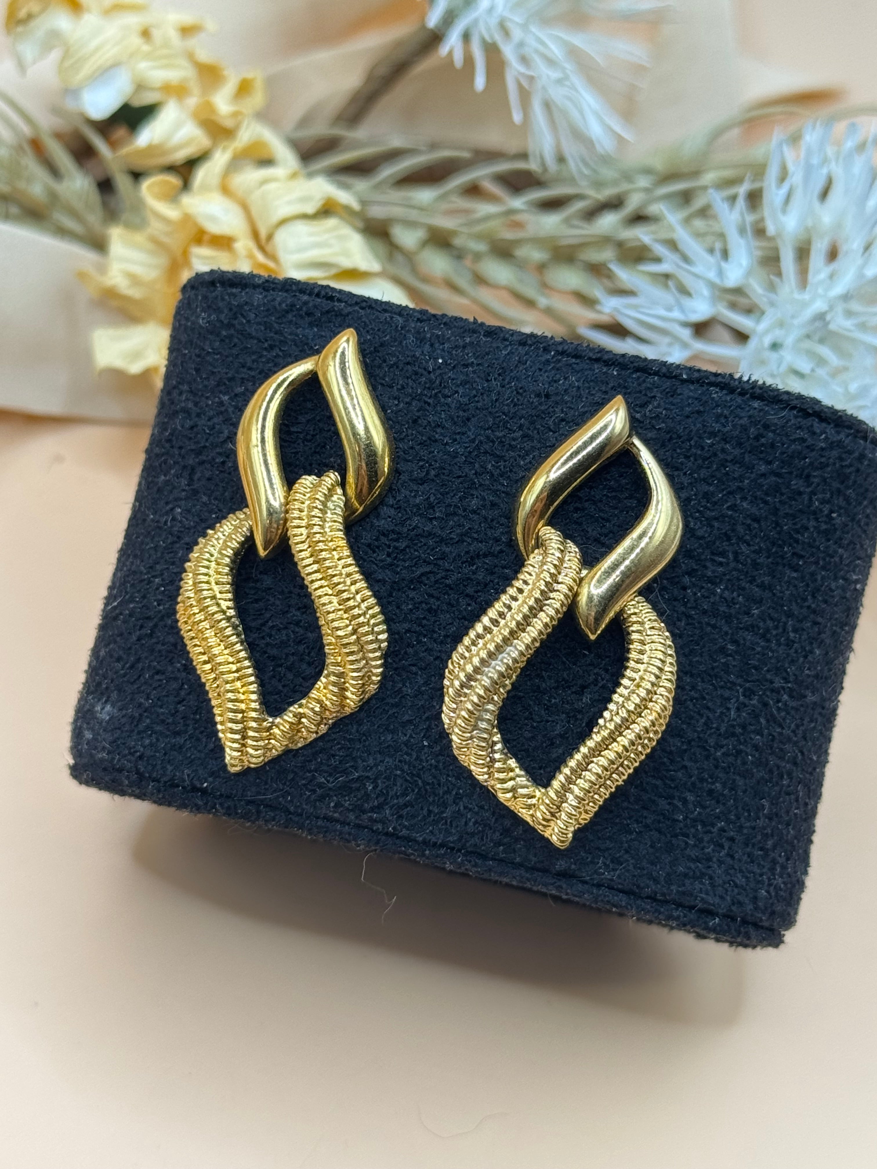Vintage Napier Gold Tone Textured Double Link Dangle Pierced Earrings