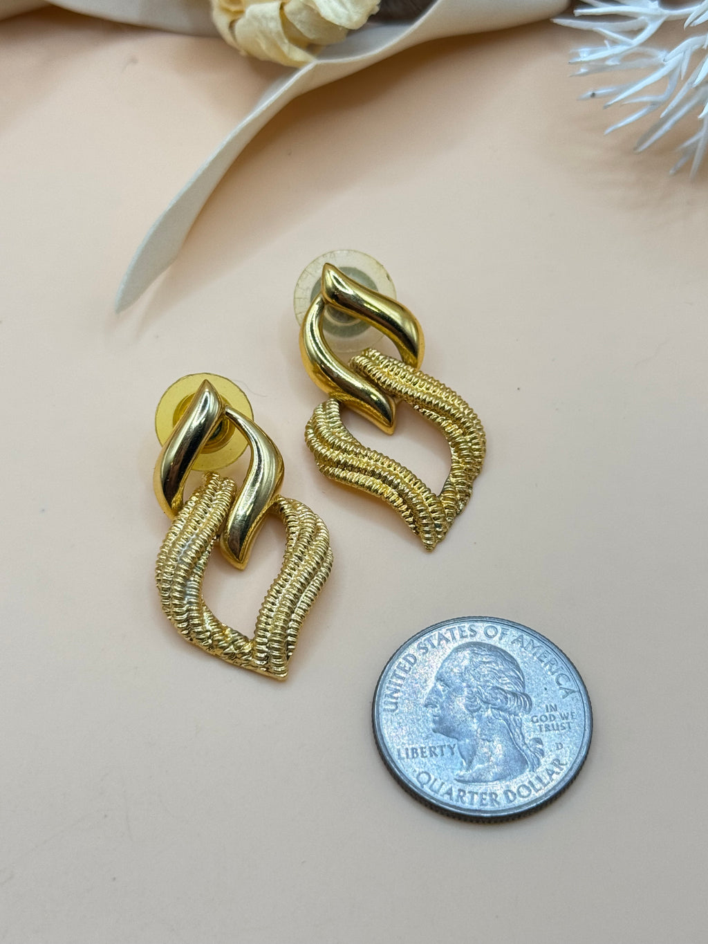 Vintage Napier Gold Tone Textured Double Link Dangle Pierced Earrings