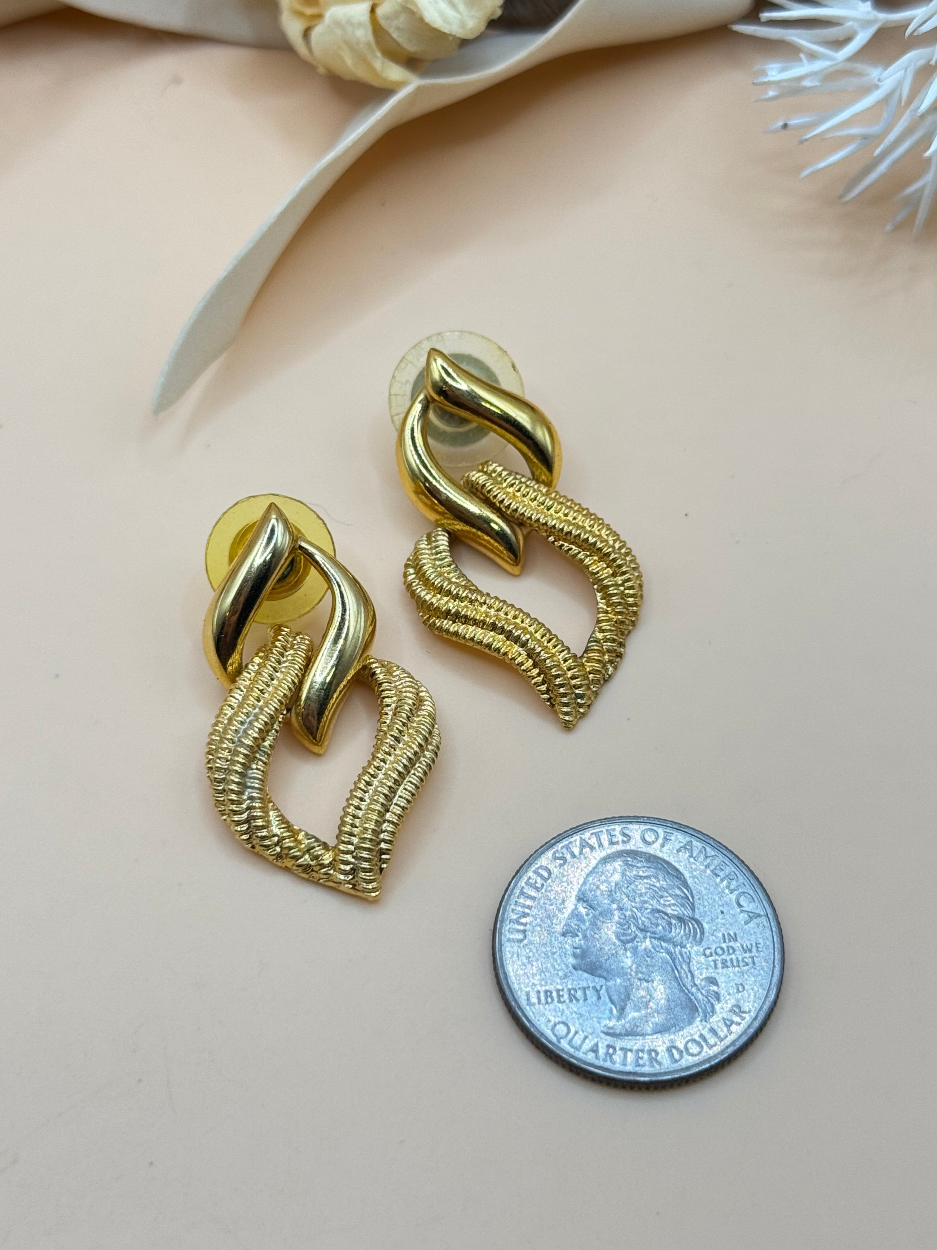 Vintage Napier Gold Tone Textured Double Link Dangle Pierced Earrings
