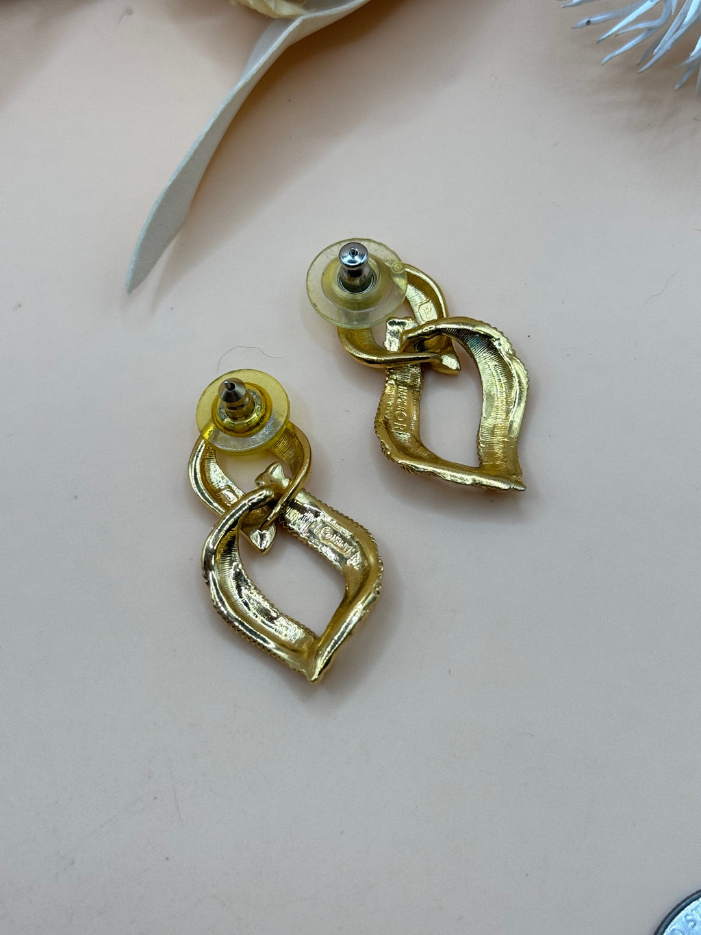 Vintage Napier Gold Tone Textured Double Link Dangle Pierced Earrings
