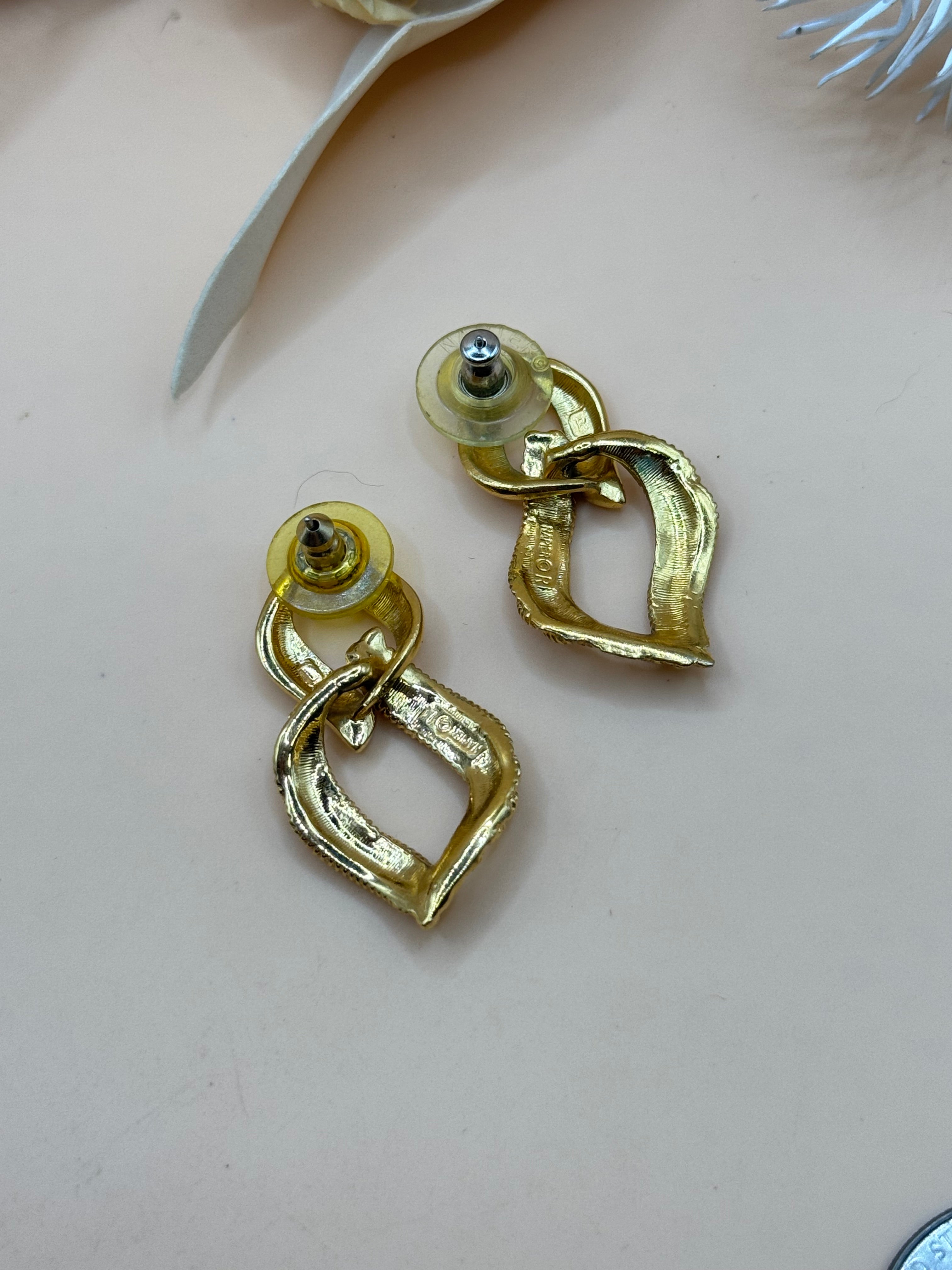 Vintage Napier Gold Tone Textured Double Link Dangle Pierced Earrings