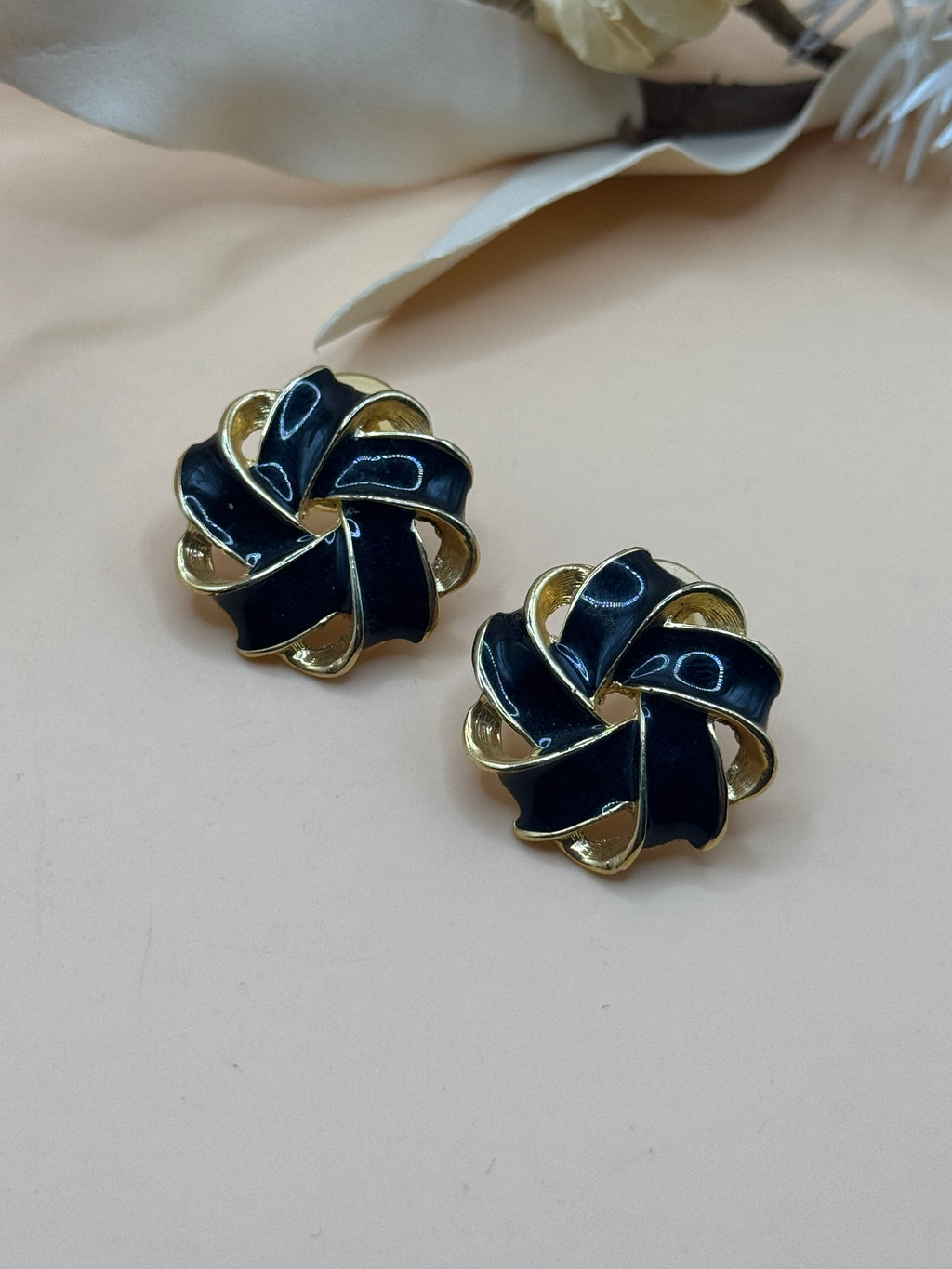 Vintage Gold Tone Black Enamel Ribbon Knot Stud Earrings Classic Statement