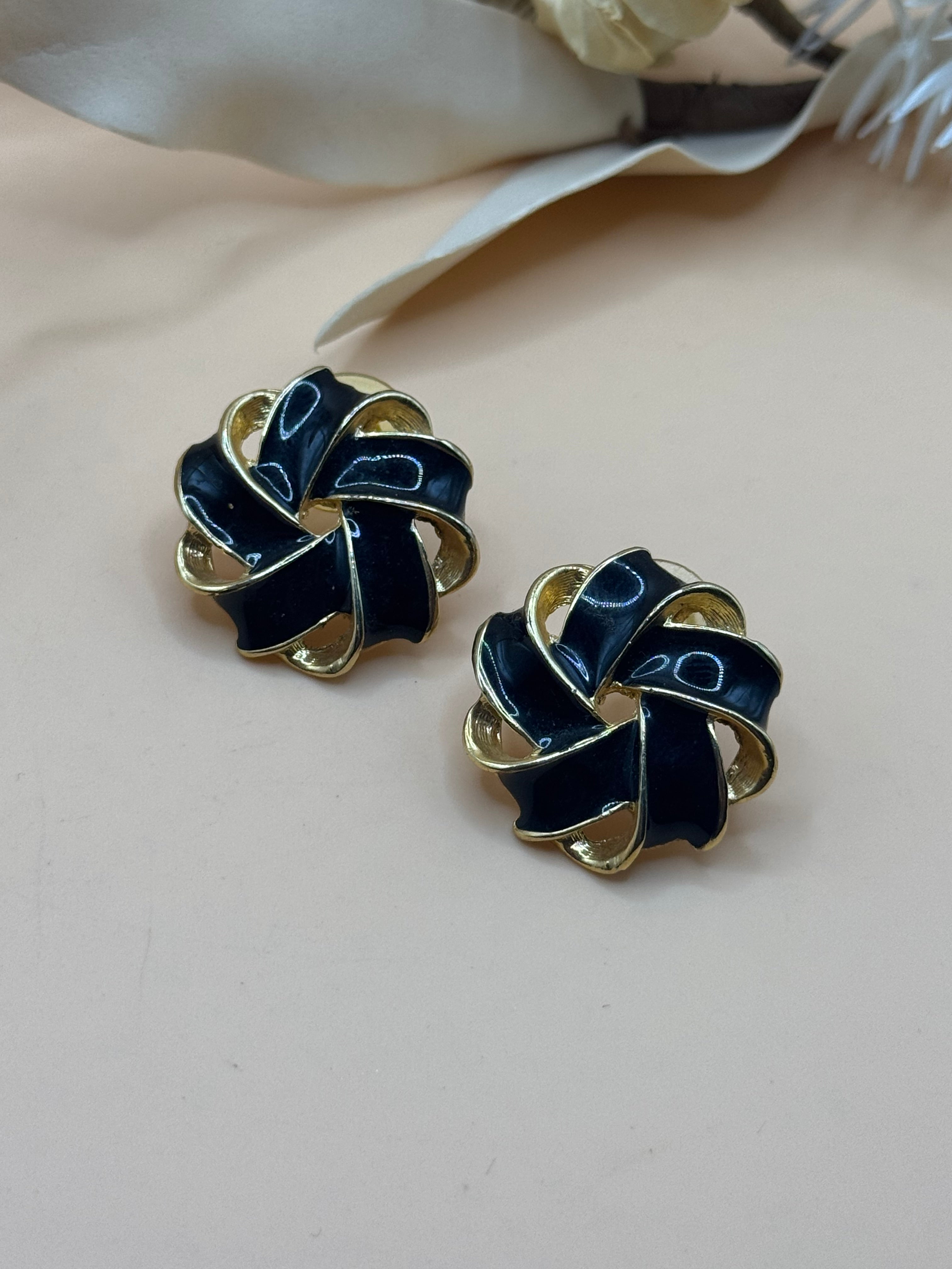 Vintage Gold Tone Black Enamel Ribbon Knot Stud Earrings Classic Statement