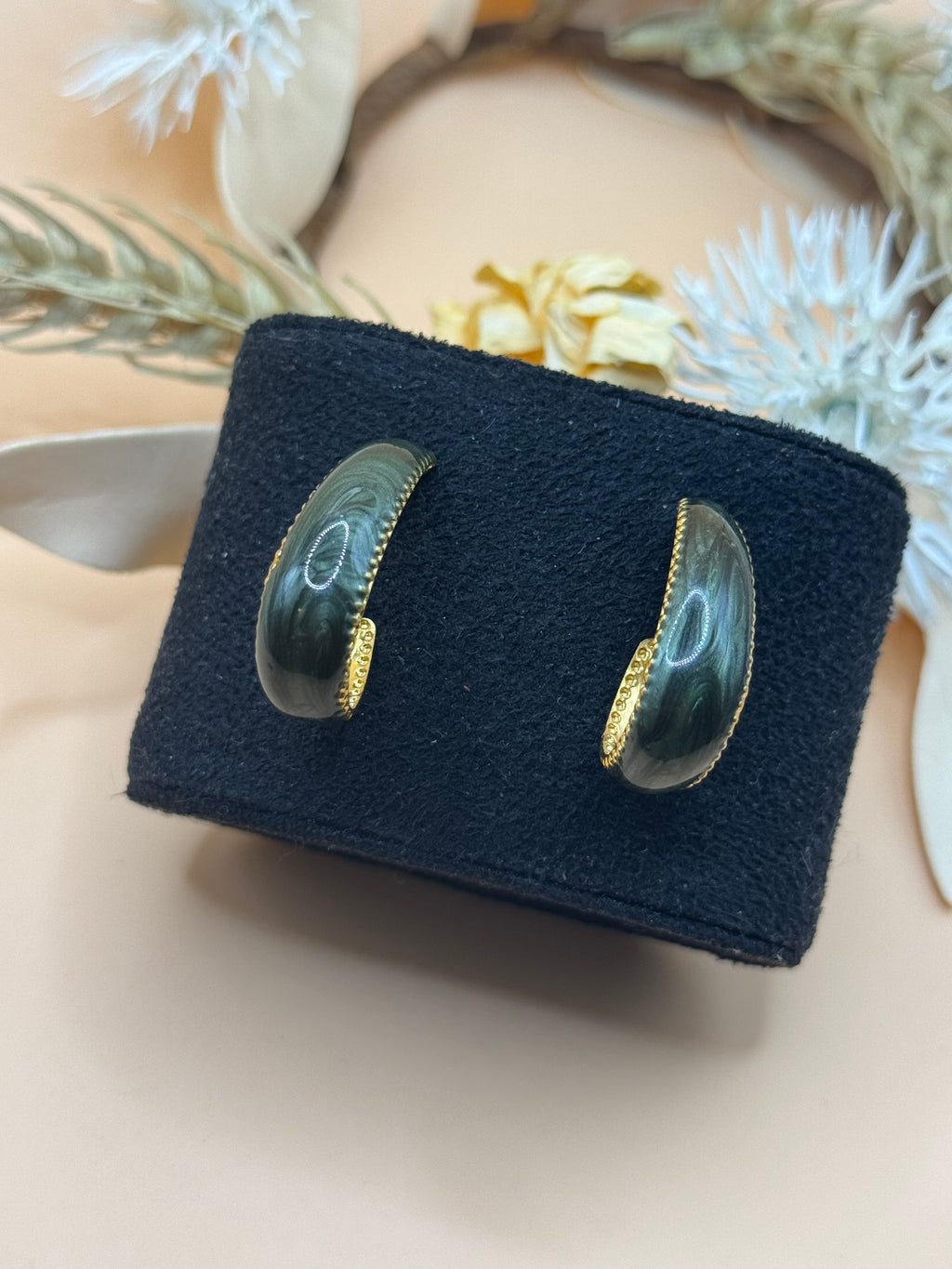 Dark Green Marbled Enamel Gold Tone Half Hoop Earrings Vintage Curved Statement Retro