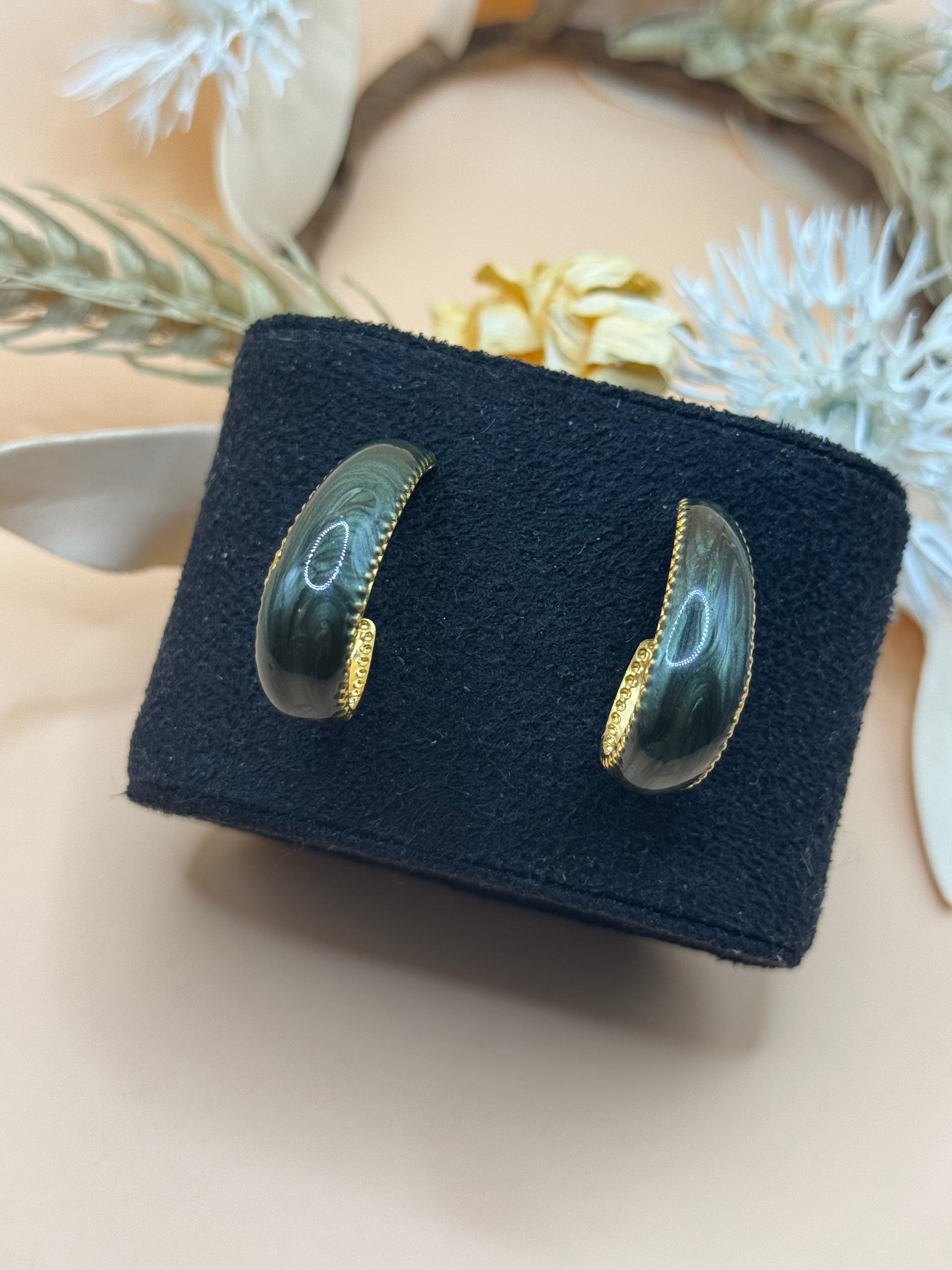 Dark Green Marbled Enamel Gold Tone Half Hoop Earrings Vintage Curved Statement Retro