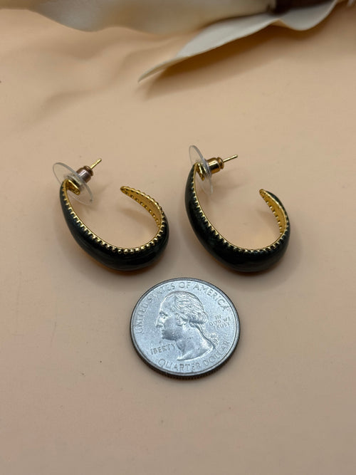 Dark Green Marbled Enamel Gold Tone Half Hoop Earrings Vintage Curved Statement Retro