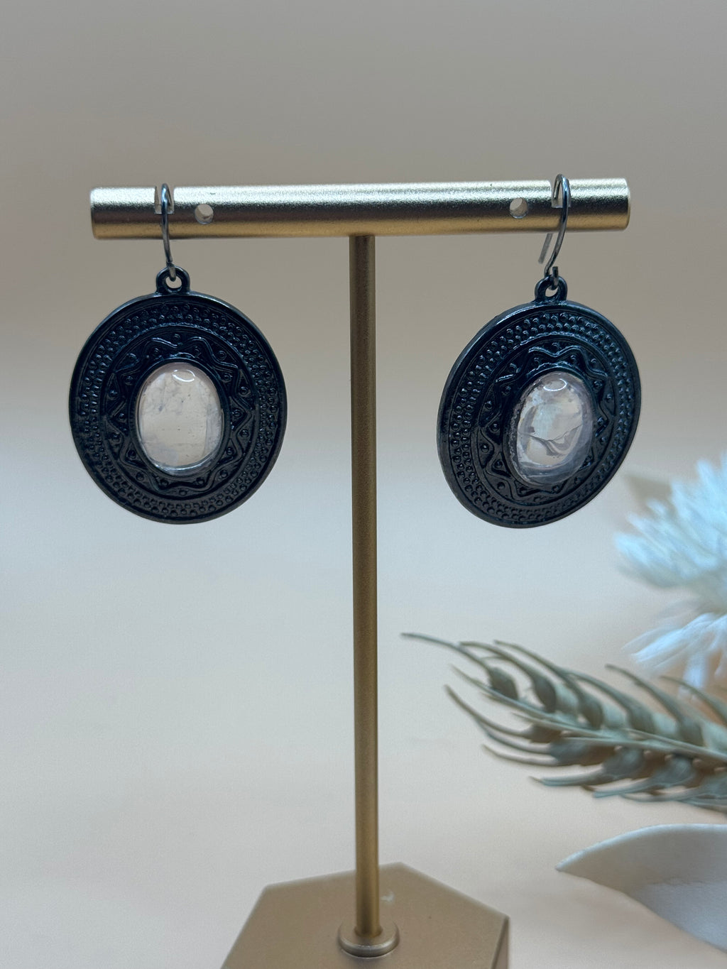Silver Tone Oval Dangle Earrings Faux Moonstone Cabochon Boho Statement Earrings